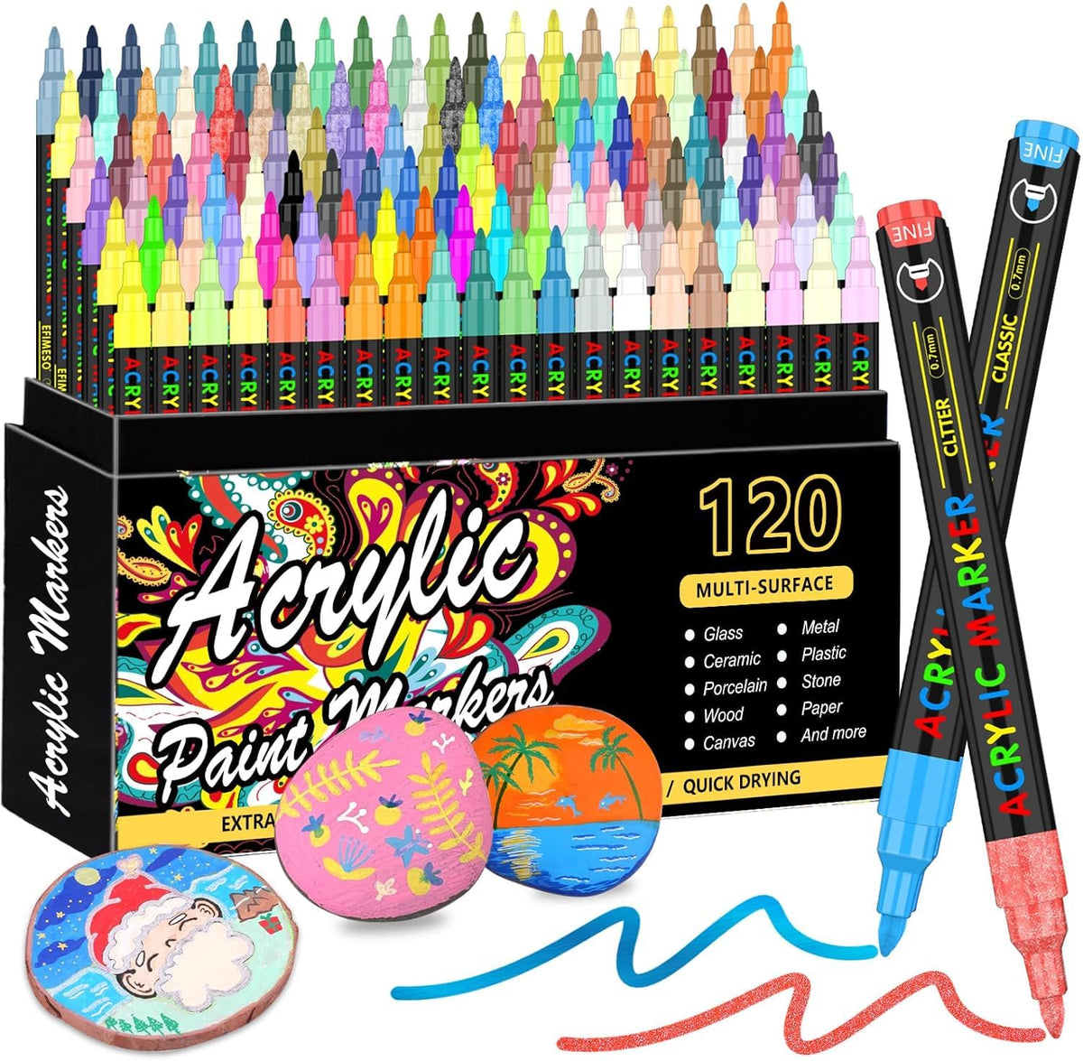 Gunsamg 120 Acrylic Paint Pens Set with Fine Tip | Acrylic Markers with Vibrant Metallic, Neon & Glitter Colours| Ideal for Christmas Gifts & Rock