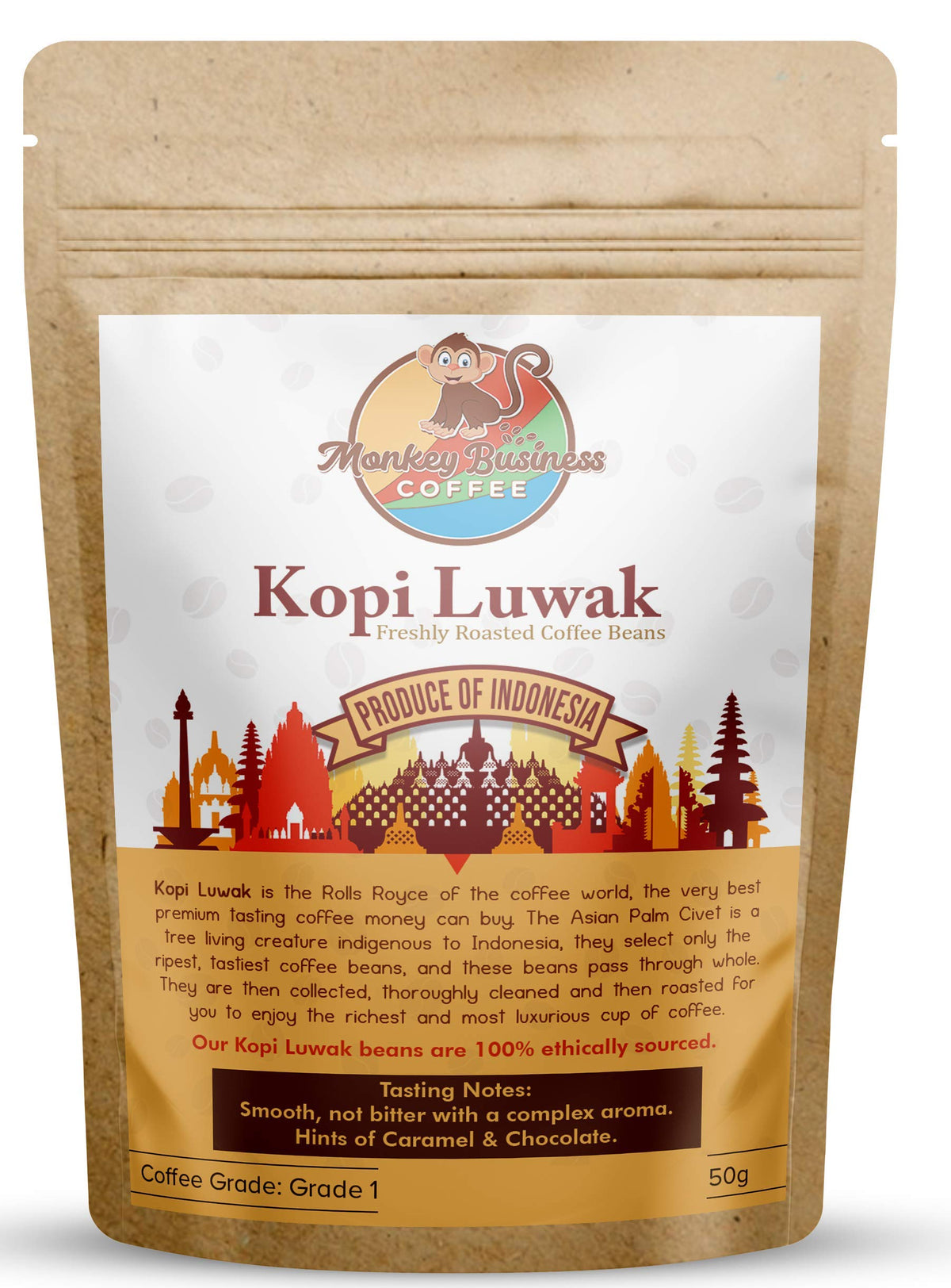 Monkey Business Coffee - Wild Kopi Luwak Coffee Whole Beans - Ethically Sourced - 50 Grams (Other Weights & Bean Types Available) - Produce of