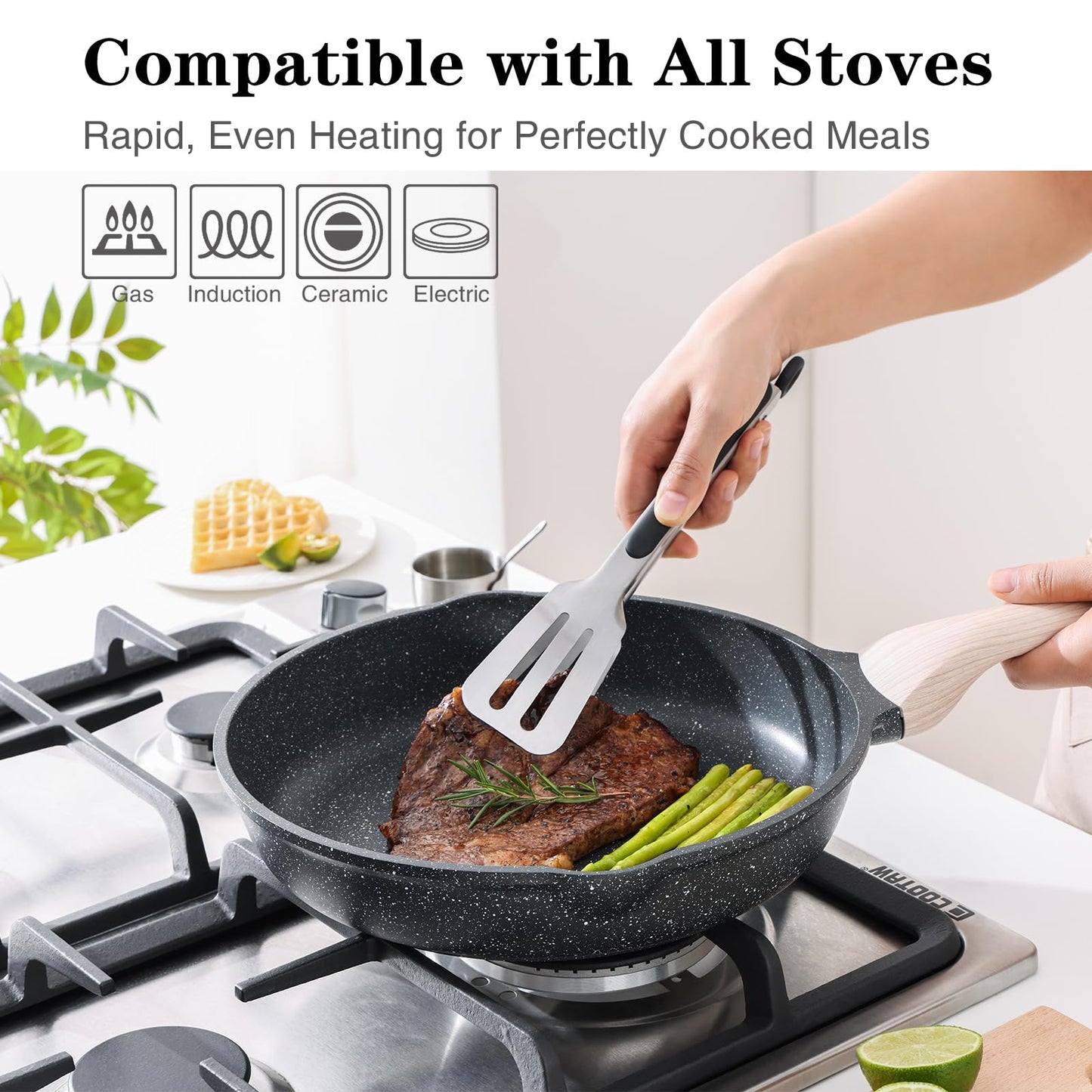 Kordisen Nonstick Frying Pan Set with Lids, 3 Piece Skillet Set, Healthy Induction Cookware Cooking Pan, Stay-Cool Handle, Compatible with All