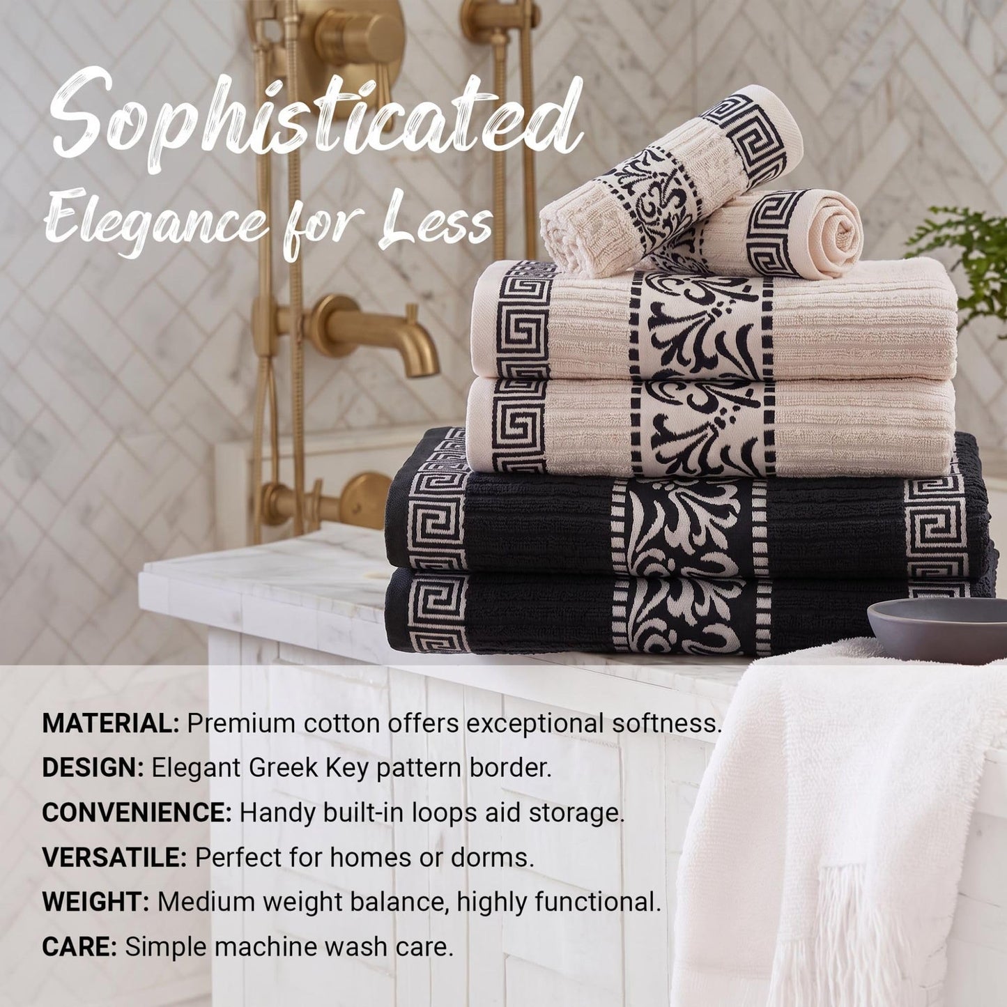 Superior 8-Piece Cotton Towel Set, Decorative Greek Pattern, Home Essentials, Absorbent Towels, Decor for Bathroom, Spa, Includes 2 Hand