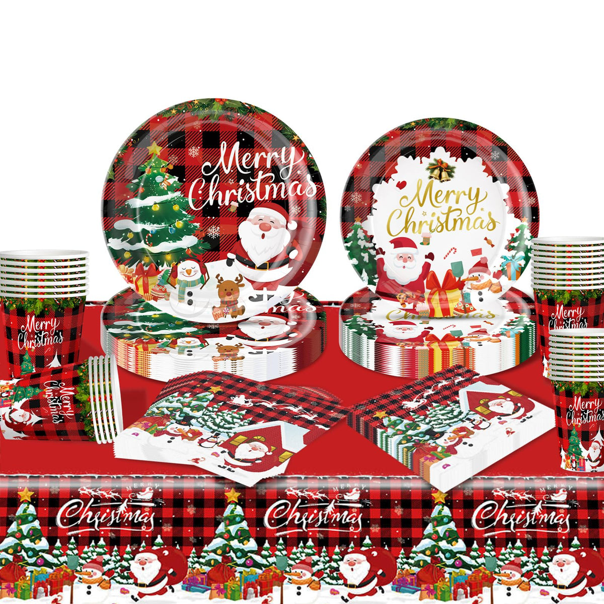 Meriviva 97 Pcs Christmas Party Tableware, Christmas Paper Plates Set with Paper Plates and Napkins Cups Tablecloth Party Table Decorations (Style 2)