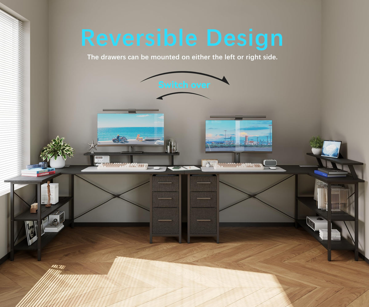 Xyphren Corner Computer Desk with Drawers, 120x80cm Reversible L Shaped Desk with Power Outlet, Home Office Desk with Monitor Stand and PC Stand