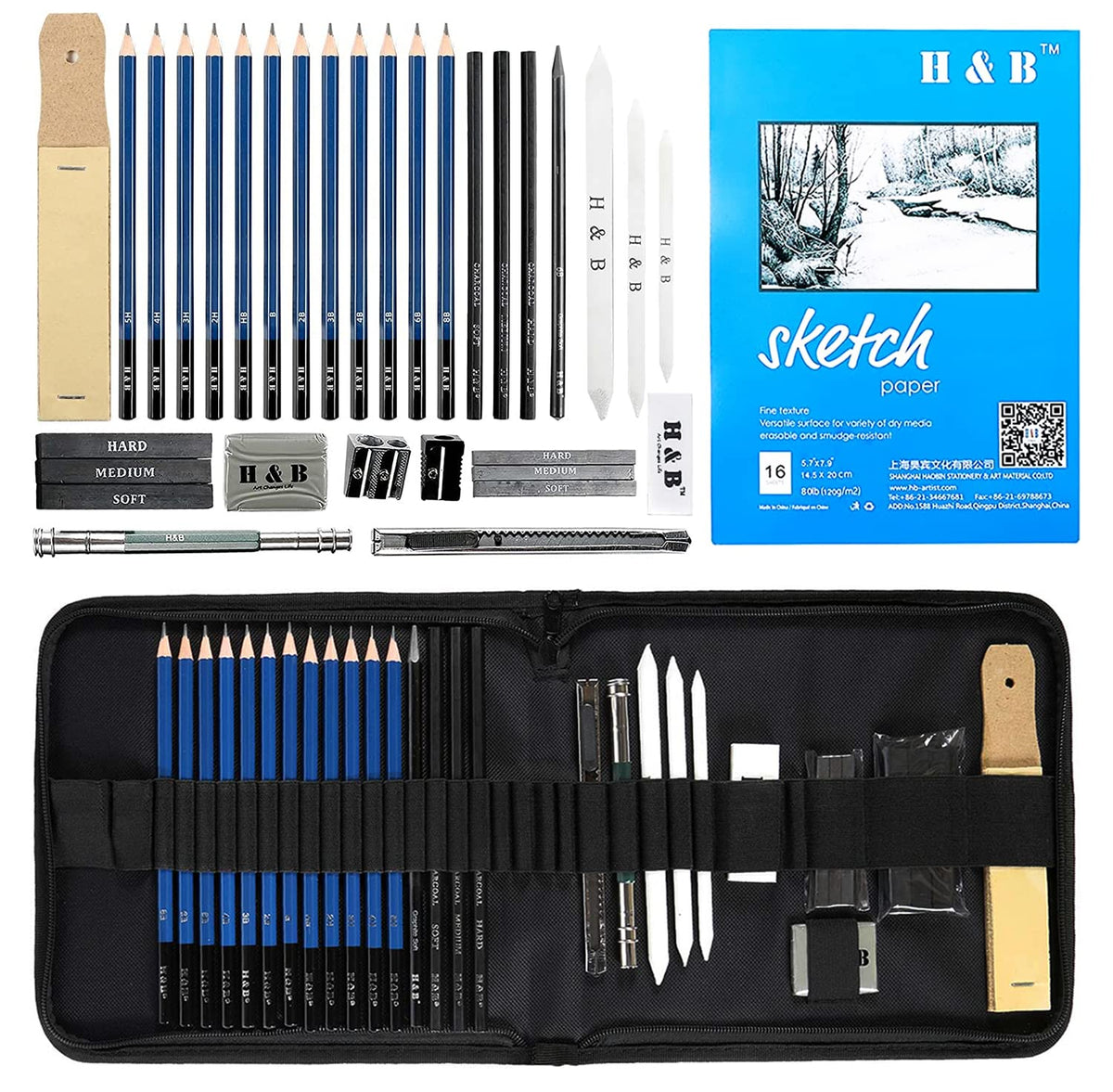 H&B 33pcs Sketch Pencils Set Artists Drawing Kit in Pencil case with Pencil Sharpener Art Supplies for Student Painter Beginner