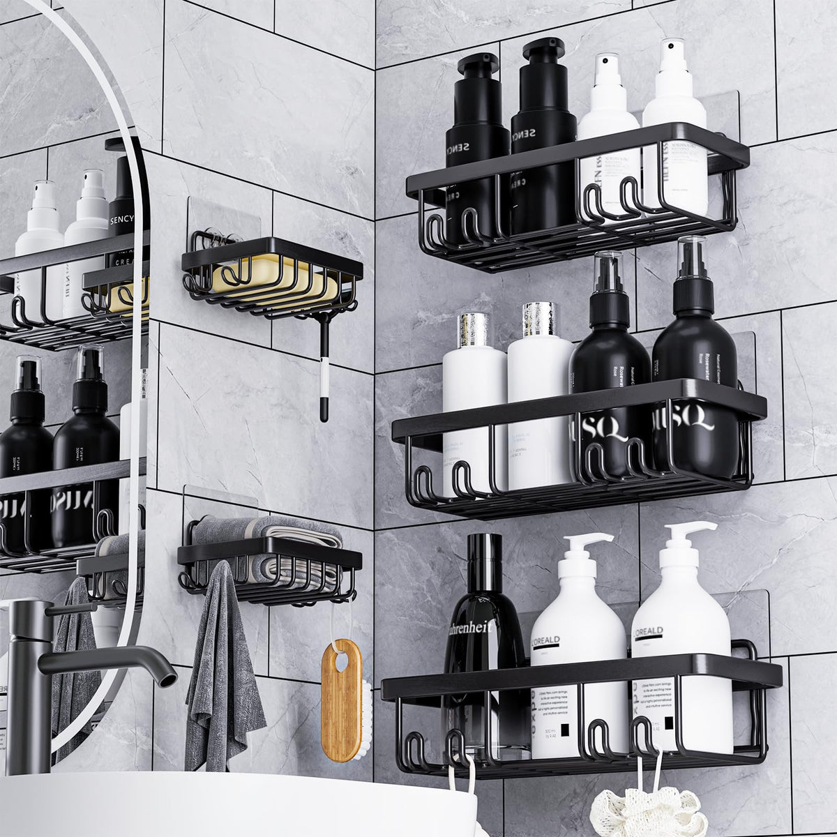 Fadun Shower Caddy 5 Pack Shower Rack No Drilling Bathroom Shelves with Soap Dish Adhesive Shower Organiser-Black