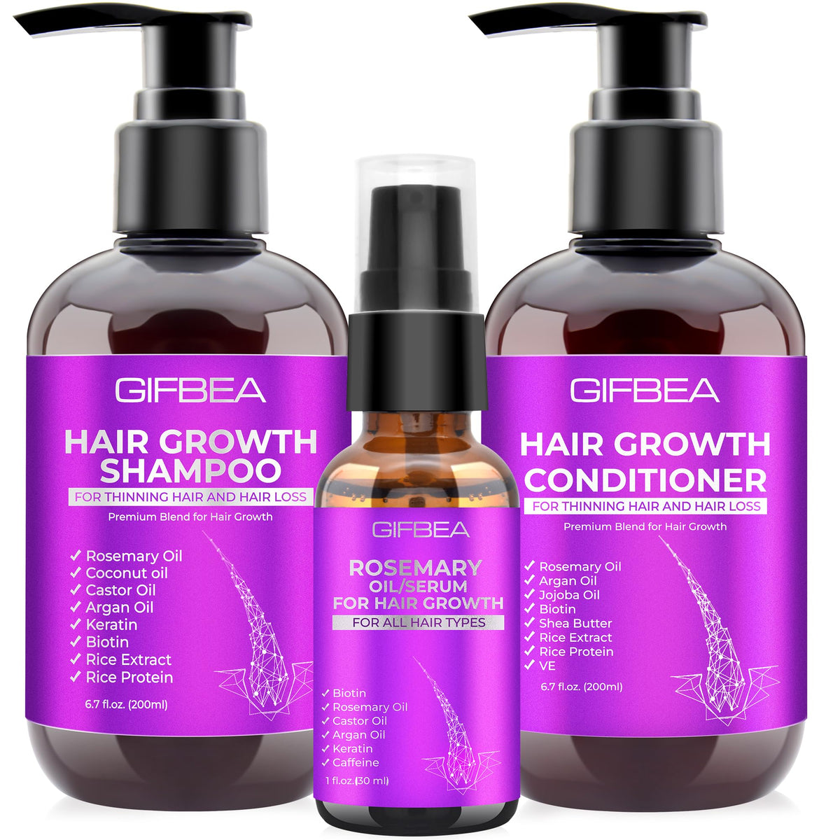GIFBEA Hair Growth Shampoo and Conditioner Set with Rosemary Oil Serum, Biotin, Argan, Castor, Coconut, Keratin, Rice Water - Hair Loss Treatment,