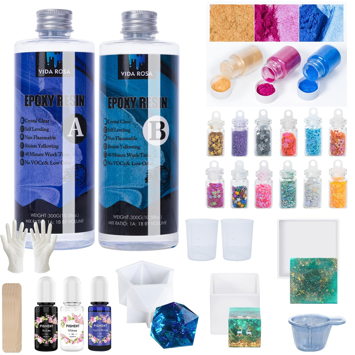 VidaRosa Epoxy Resin Crystal Clear Kit for Beginners?600ml/ 21.16oz Starter Kits with Molds?Pigment?Resin Accessories, Coating and Casting Coaster