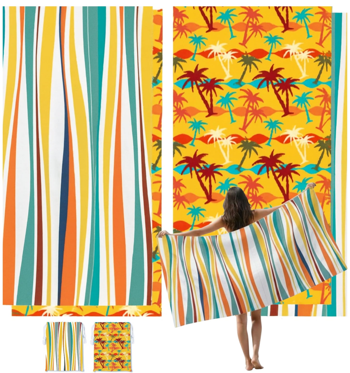 RB INTERNATIONAL Beach Towel with Bag, Microfiber Waffle Construction Double-Sided - 100% Recycled. Sand-Free, Quick-Dry, for Swimming, camping, yoga,