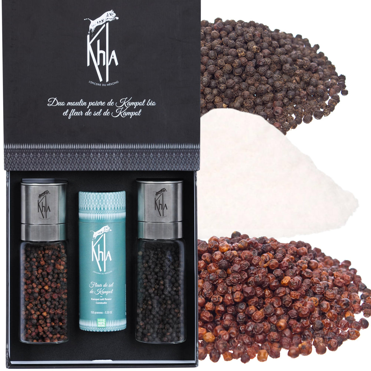 Khla - Set of Kampot Peppers Grinders & Salt - Organic Black Pepper, Red Pepper & Fleur de Sel - Rare & Grands Crus - Kampot Peppercorns Gift Box -
