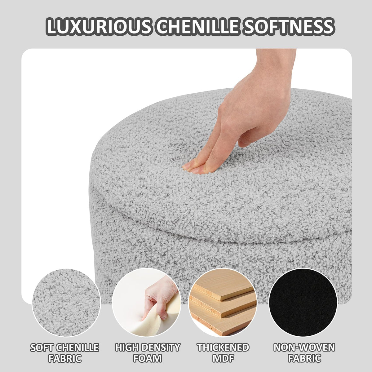 PINPLUS Round Chenille Storage Ottoman, Tray Top, 39x39x37 cm, Silver Grey