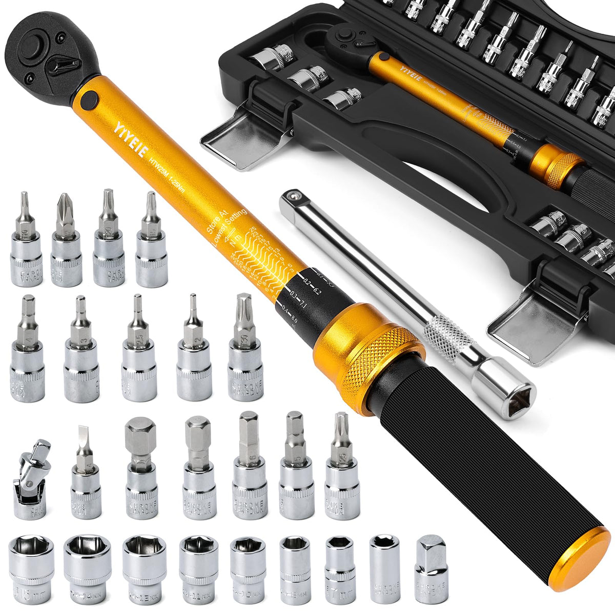 YIYEIE 1/4 Inch Drive Bike Torque Wrench, 1-25 Nm (10-222.5 in.lb), 27 PCS Click Bicycle Torque Wrench with Bit Sockets, 0.1 Nm Micro, 72-Tooth