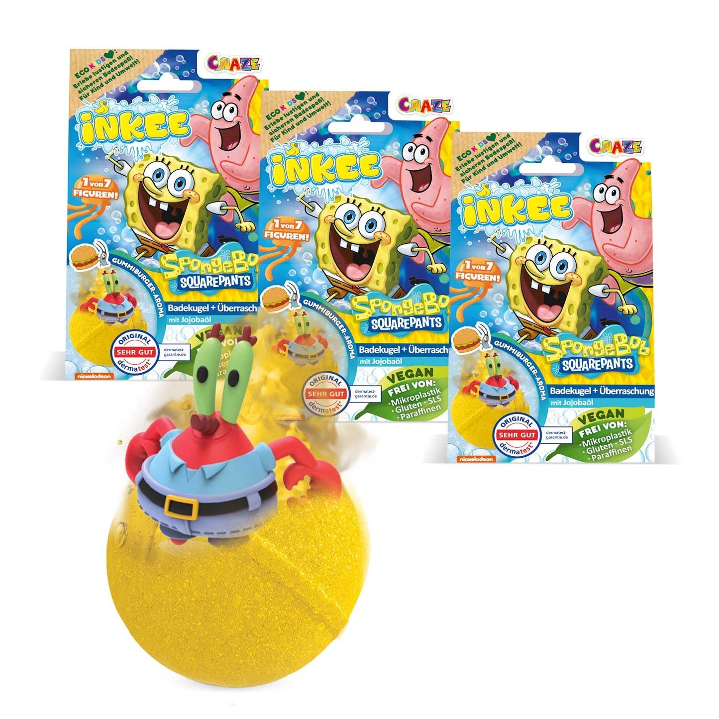 INKEE Spongebob Squarepants 3-Pack Kids Bath Bombs: 3 Surprise Collectible Figures, Kids Bath Toys Bubblegum & Jojoba Oil, 3 x 80g Greats Gifts for