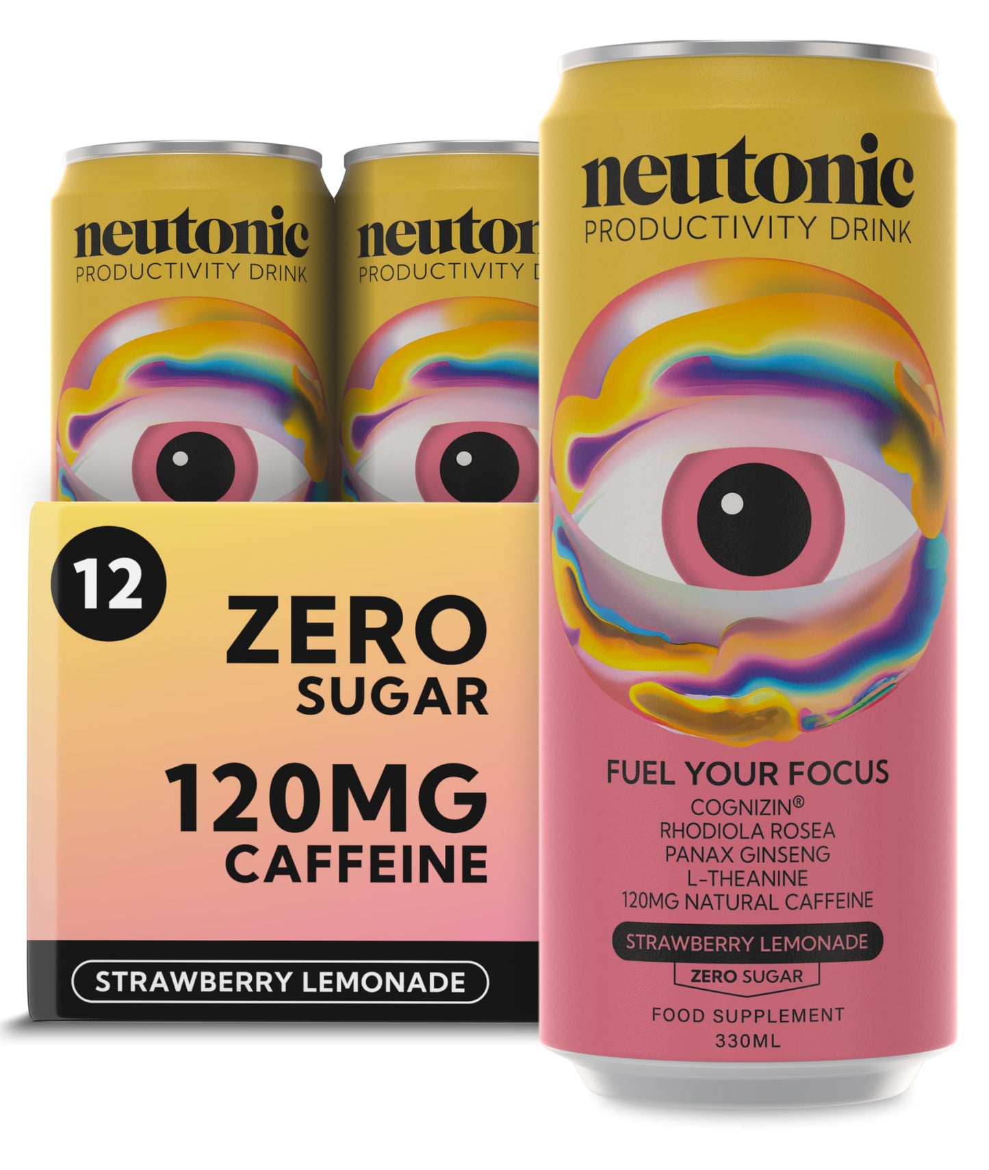 Neutonic Nootropic Productivity Energy Drink | Strawberry Lemonade 12 Cans | 120mg Natural Caffeine, Zero Sugar | Support Energy, Mental Performance,