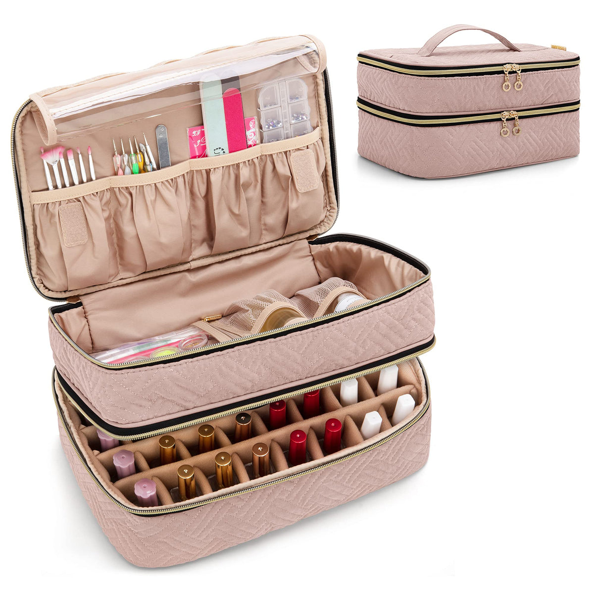 BAFASO Double Layer Nail Polish Organiser Holds 40 Bottles (15ml - 0.5 fl.oz), Nail Polish Case with Manicure Tools Storage Sections (Bag Only), Pale