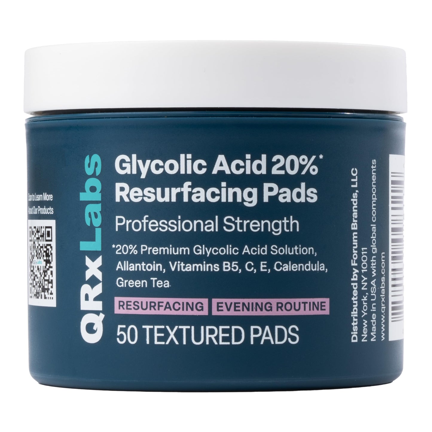QRxLabs Glycolic Acid 20% Resurfacing Pads With Vitamins B5, C & E, Green Tea, Calendula, Allantoin - Exfoliates Surface Skin And Reduces Fine Lines