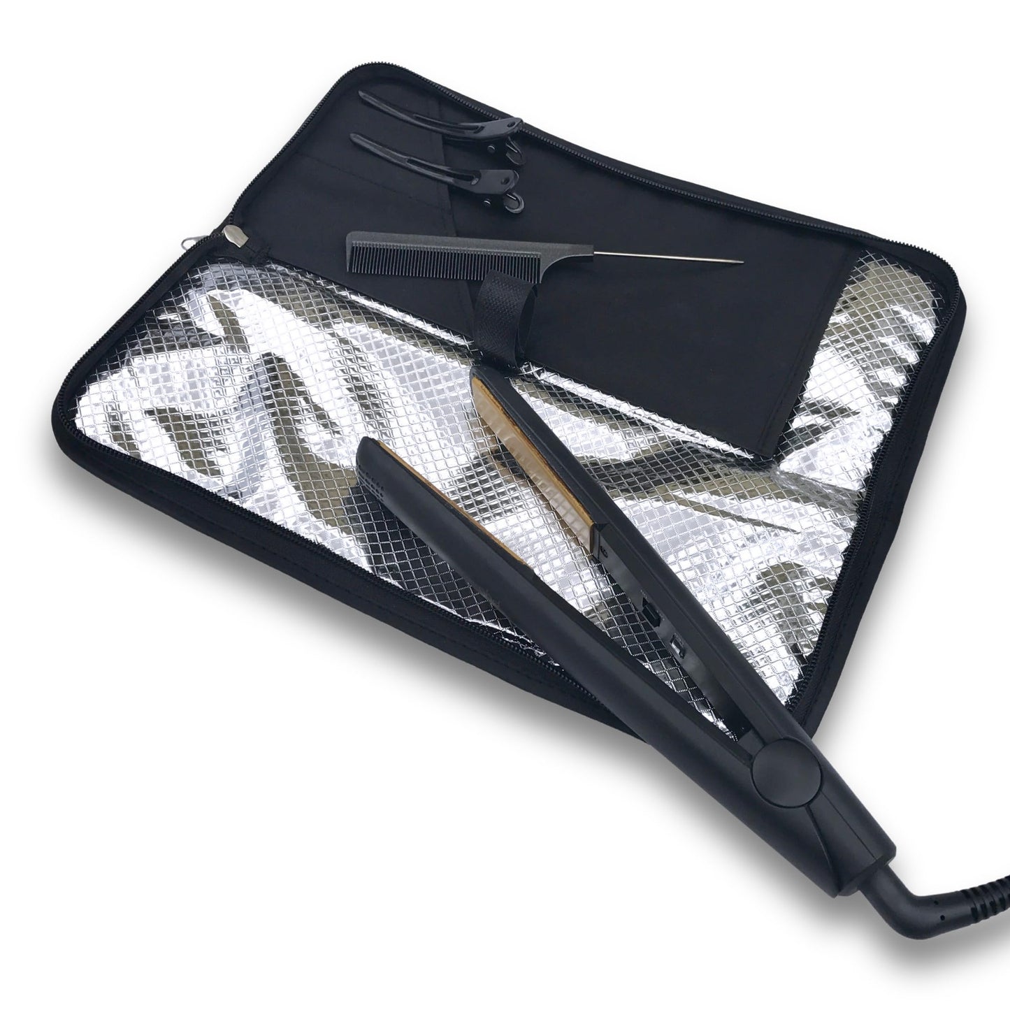 Hair Straightener Mat & Pouch by j&m - Heat Resistant - Fits ghd, BaByliss & Larger Straighteners - Zip-Up All-in-One Compact Travel Case (Original
