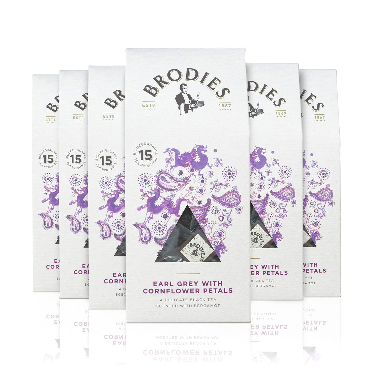 Brodies - Earl Grey With Cornflower Petal Tea in Biodegradable Pyramid Bags - 100% Natural Eco-Friendly and Sustainably Sourced - 6 Boxes Of 15 Tea