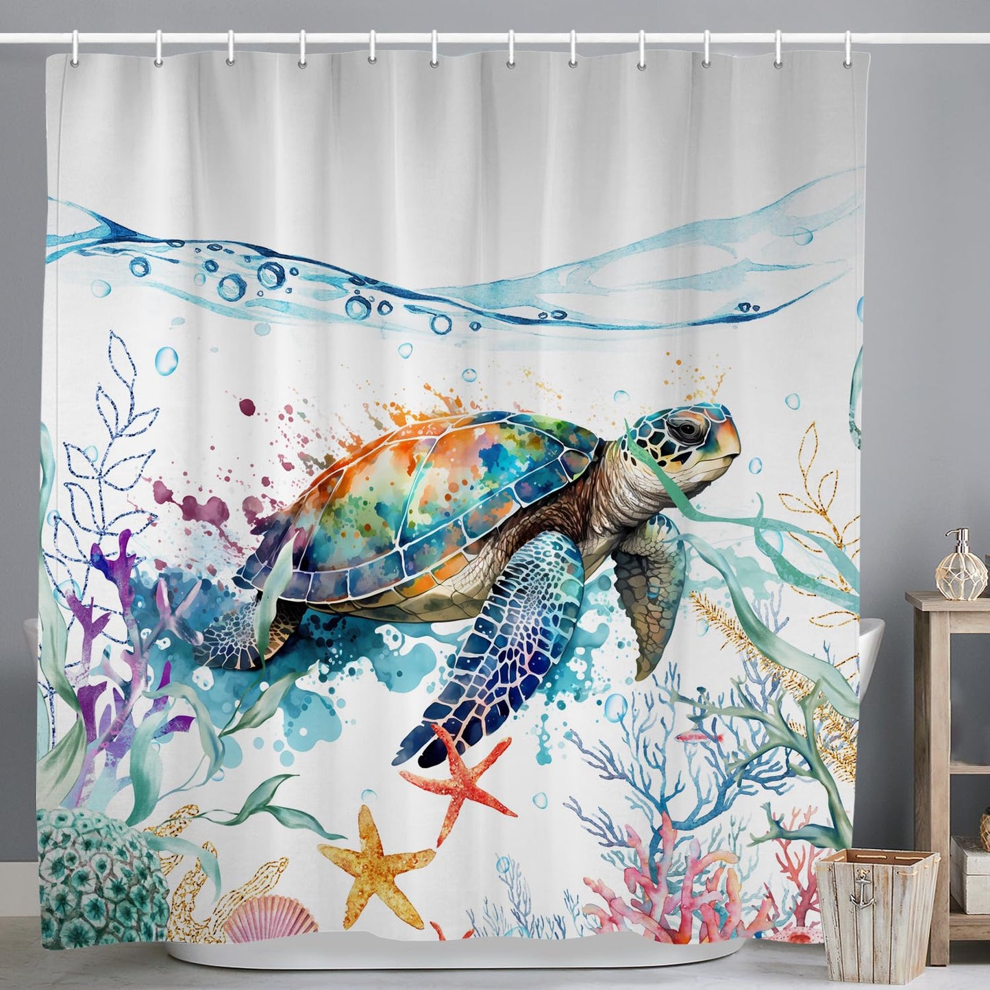 ASDCXZ Maritim Shower Curtain 180x200 cm, Watercolor Blue Sea Animals Turtle Starfish Nautical Colorful Washable Shower Curtains Polyester Textile