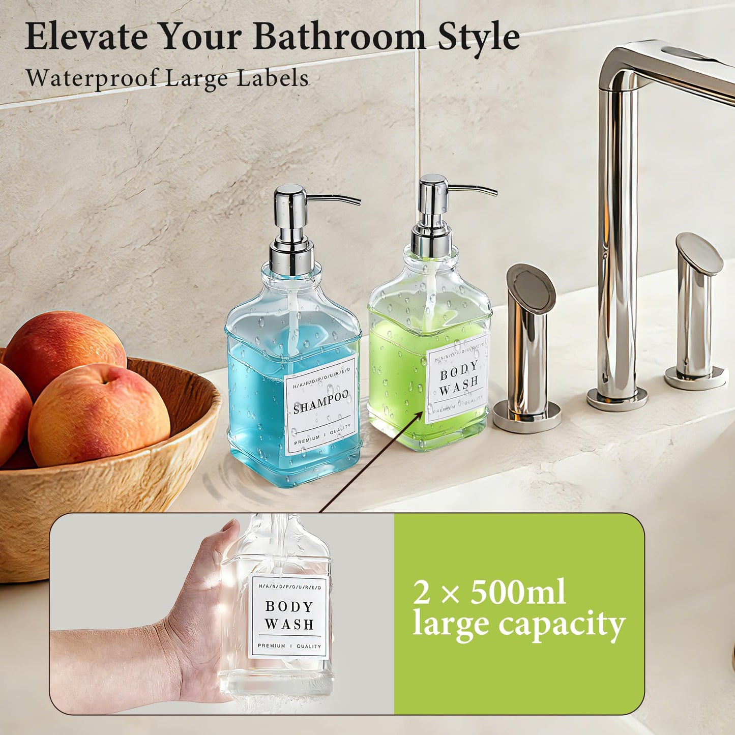 Pollock 2 Pcs 500ml Glass Soap Dispenser with 304 Stainless Steel Pump, Rustproof, Hand and Dish Soap Dispenser, with Labels and Tray, for Bathroom