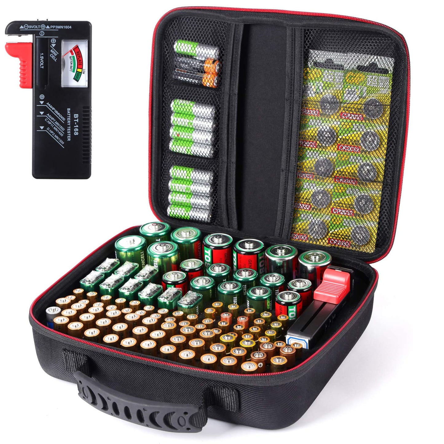 Glamgen battery Organizer Storage Case with Tester BT168 - Hard Case Holds 104 AA AAA C D 9V, Storage Box with Capacity Indicator (Batteries Not