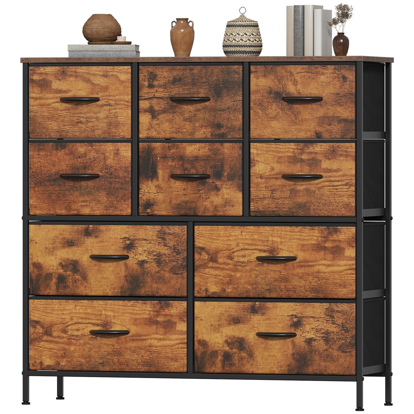 Feonase Chest of Drawers, Bedroom Tall Dresser with 10 Fabric Drawers, Metal Frame & MDF Wood Top, Adjustable Feet, Storage Organizer Unit for