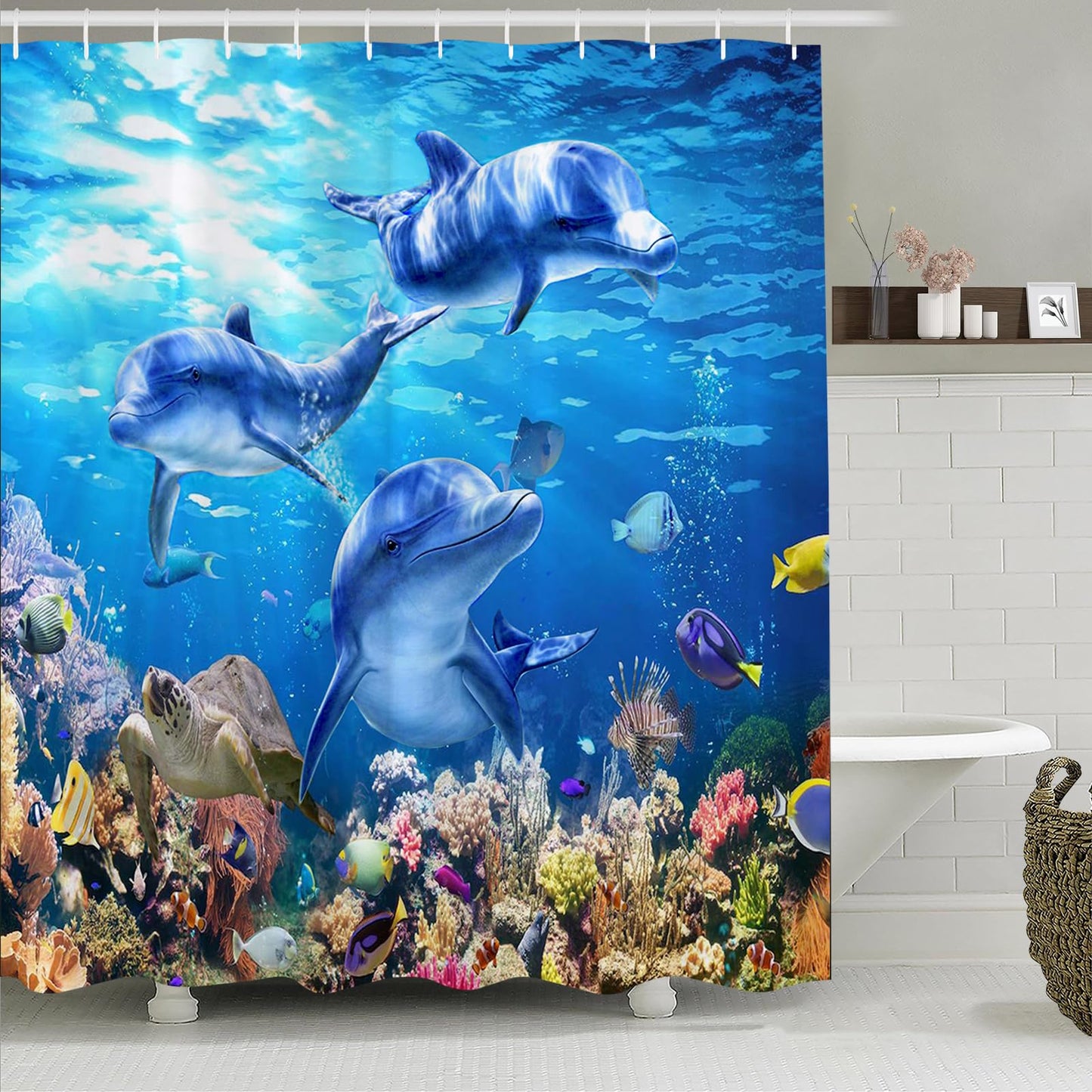 Simpomsy Dolphin Bathroom Curtains, Underwater Shower Curtain, Blue Ocean 200x180cm
