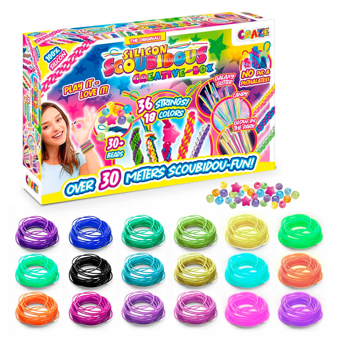 Craze Scoubidou Creative Box ? Silicone Scoobies Strings Kit with 36 Scooby Strings & 30+ Beads ? Friendship Bracelet Kit & Crafts Kit, Crafting Gifts