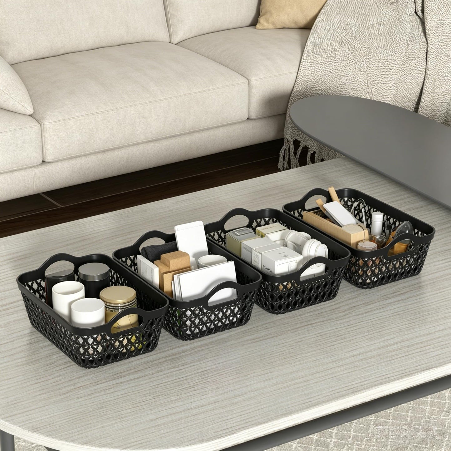 Afromy 12-Pack Mini Desktop Basket, Plastic Storage Basket Tray with Handle, Black