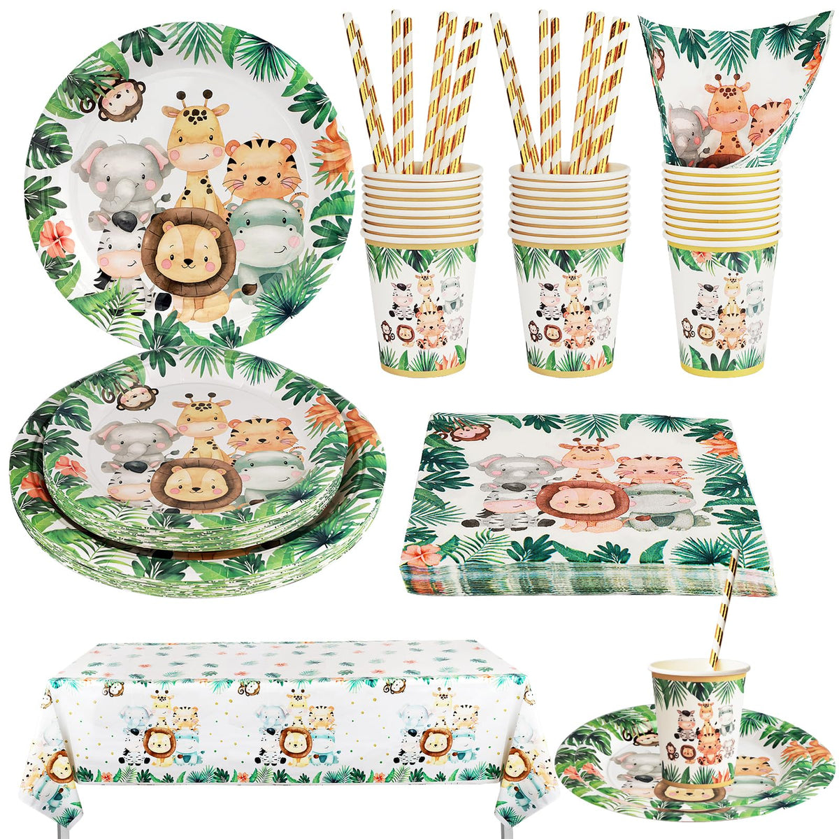 Safari Birthday Decorations for Boys 101 Pcs Jungle Theme Party Decorations Kids with Paper Plates,Cups and Napkins,Disposable Afternoon Tea