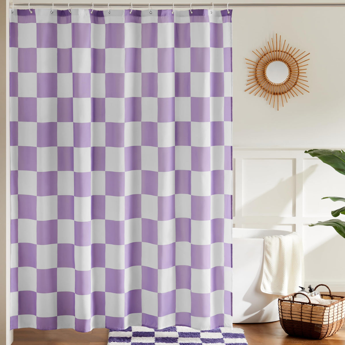 Ohocut Checkered Shower Curtain, Lavender Purple Shower Curtains for Bathroom, Cute Retro Checkboard Shower Curtain Vintage Aesthetic, Machine
