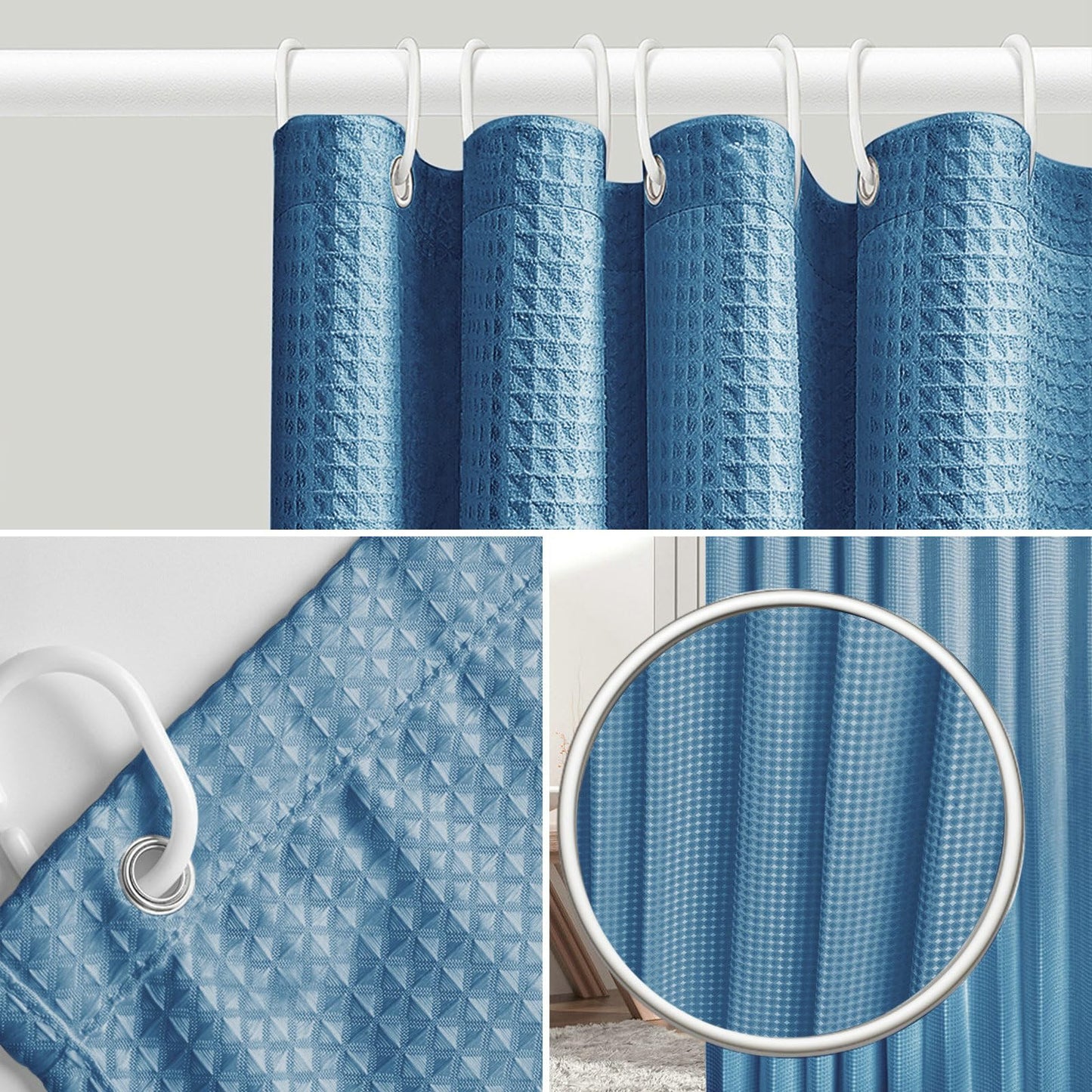 Stfery Shower Curtain Waffle Pattern White Shower Curtain 180 x 200 cm Water-Repellent Fabric Shower Curtain Anti Mould