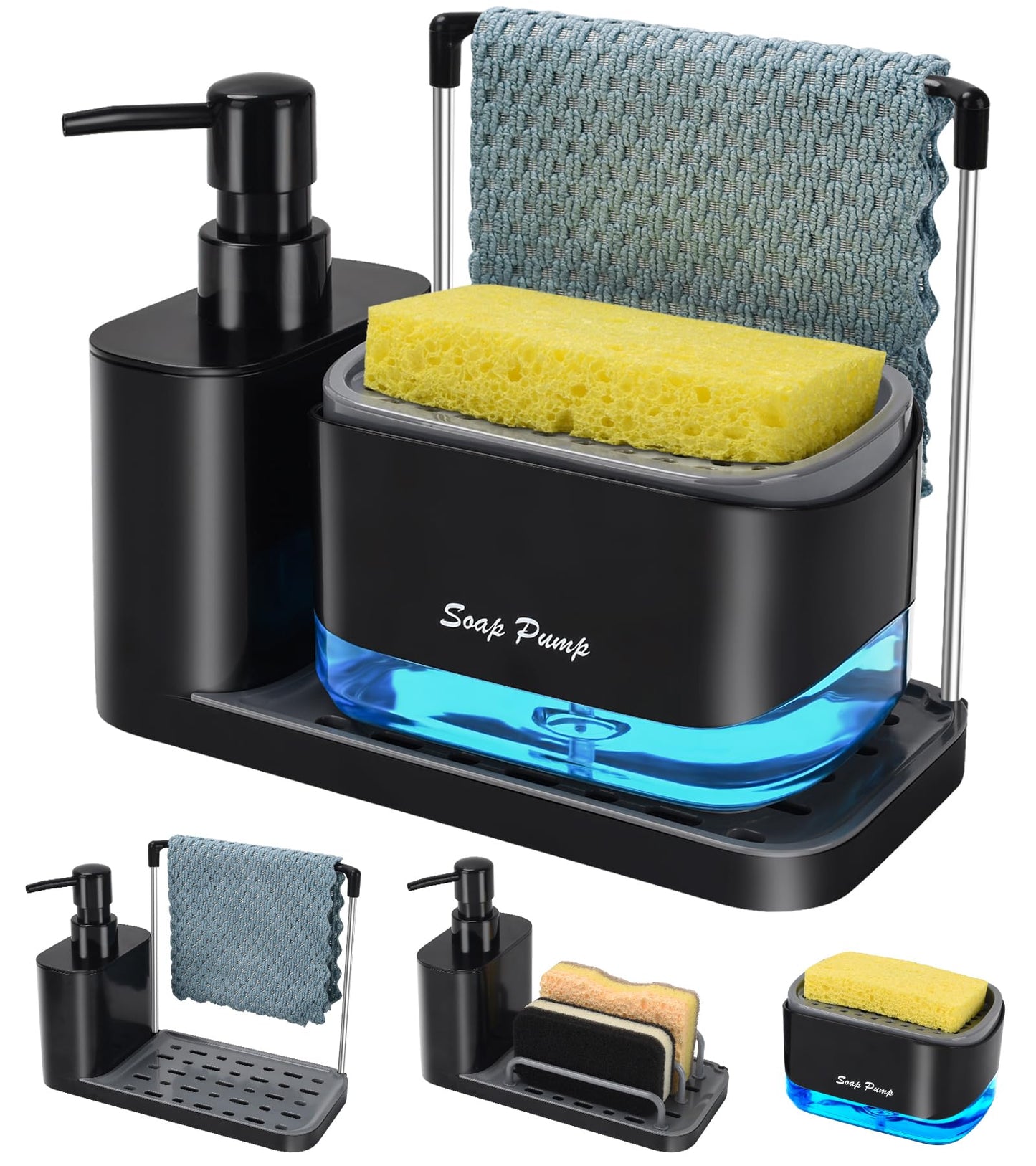 Bestseek Hand & Dish Soap Dispenser Set w/Tray, Dual Soap Dispenser w/Sponge Holder & Dishcloth Holder 5-in-1 Organizer Kitchen Sink Countertop