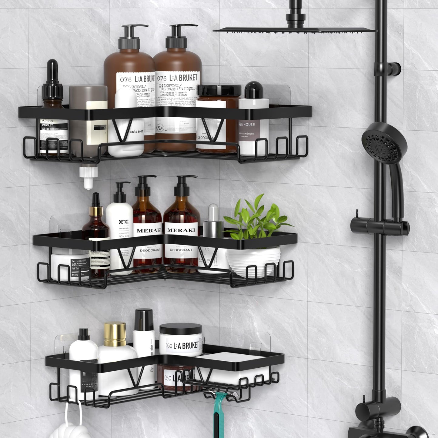 Kegii Corner Shower Caddy, Bathroom Shower Organiser Shower Storage with Soap Holder, No Drilling Bathroom Corner Shelves, Black 3 Pack