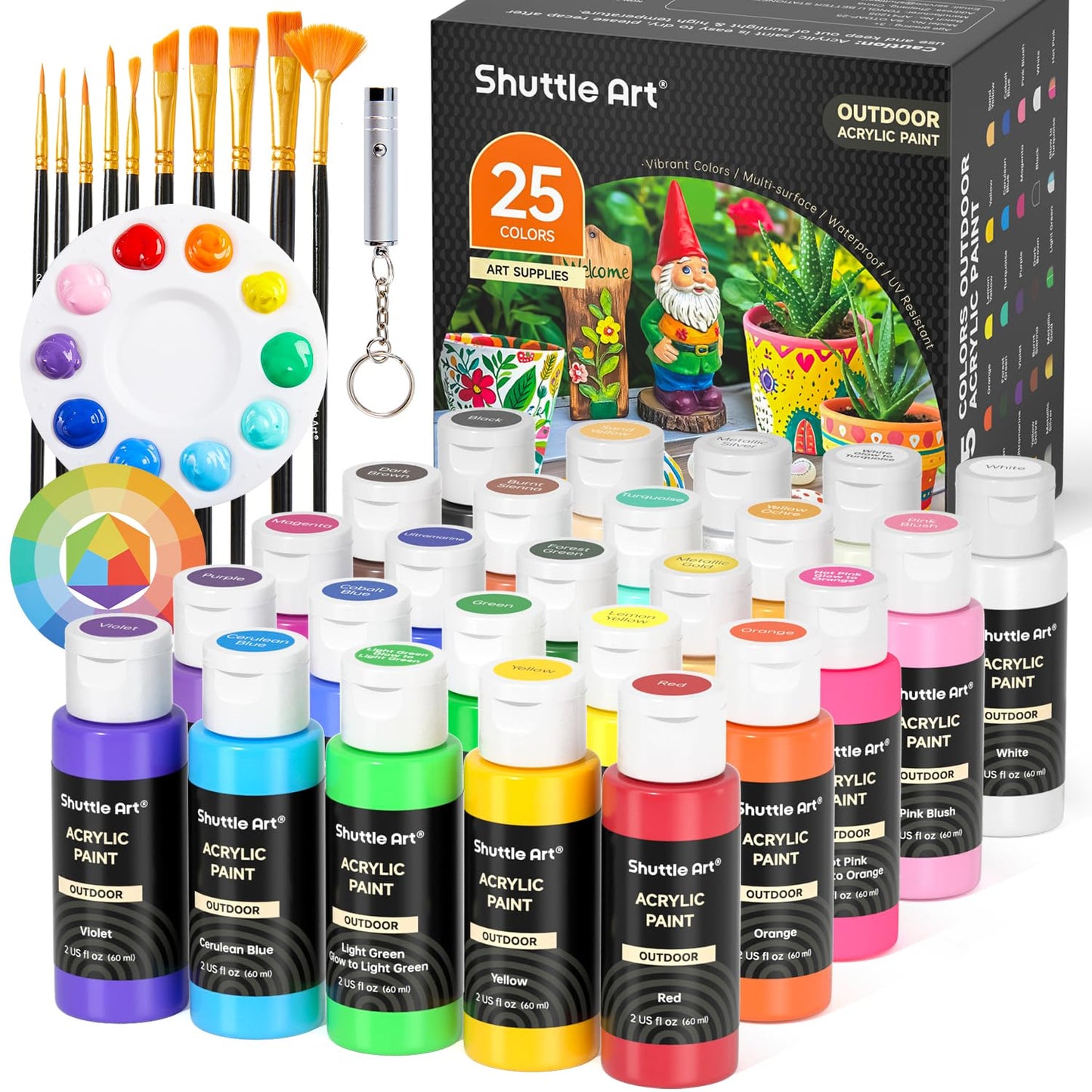 Shuttle Art 25 Colours Outdoor Acrylic Paint, 2oz/60ml Paint for Garden Ornaments with 10 Brushes 1 Palette, Waterproof Acrylic Paints for Artists,