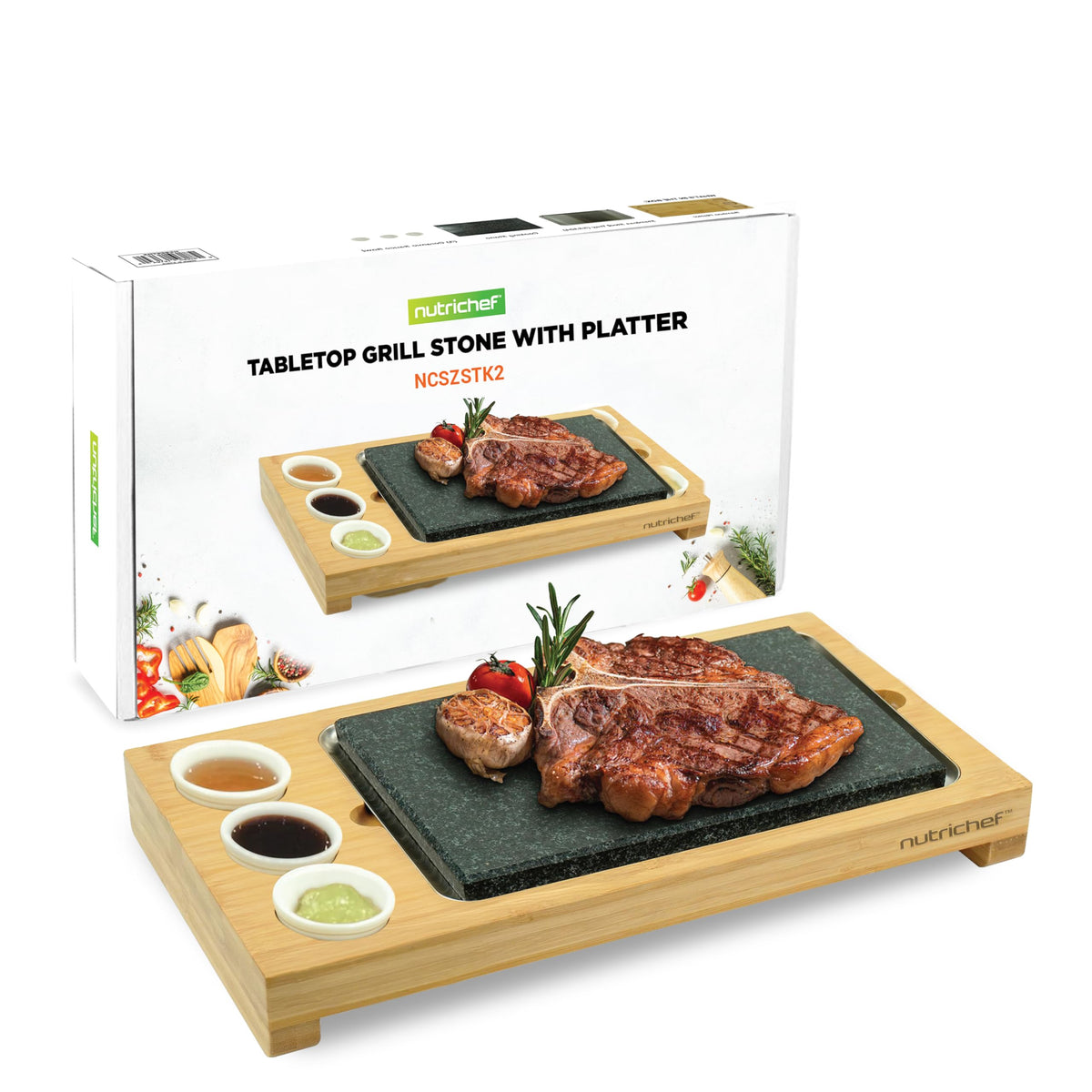 NutriChef Steak Stone Grill, Hot Stone Steak Set, with Bamboo Platter, Stainless Steel Tray and Ceramic Sauce Bowls, Good for Indoor Outdoor Dining,