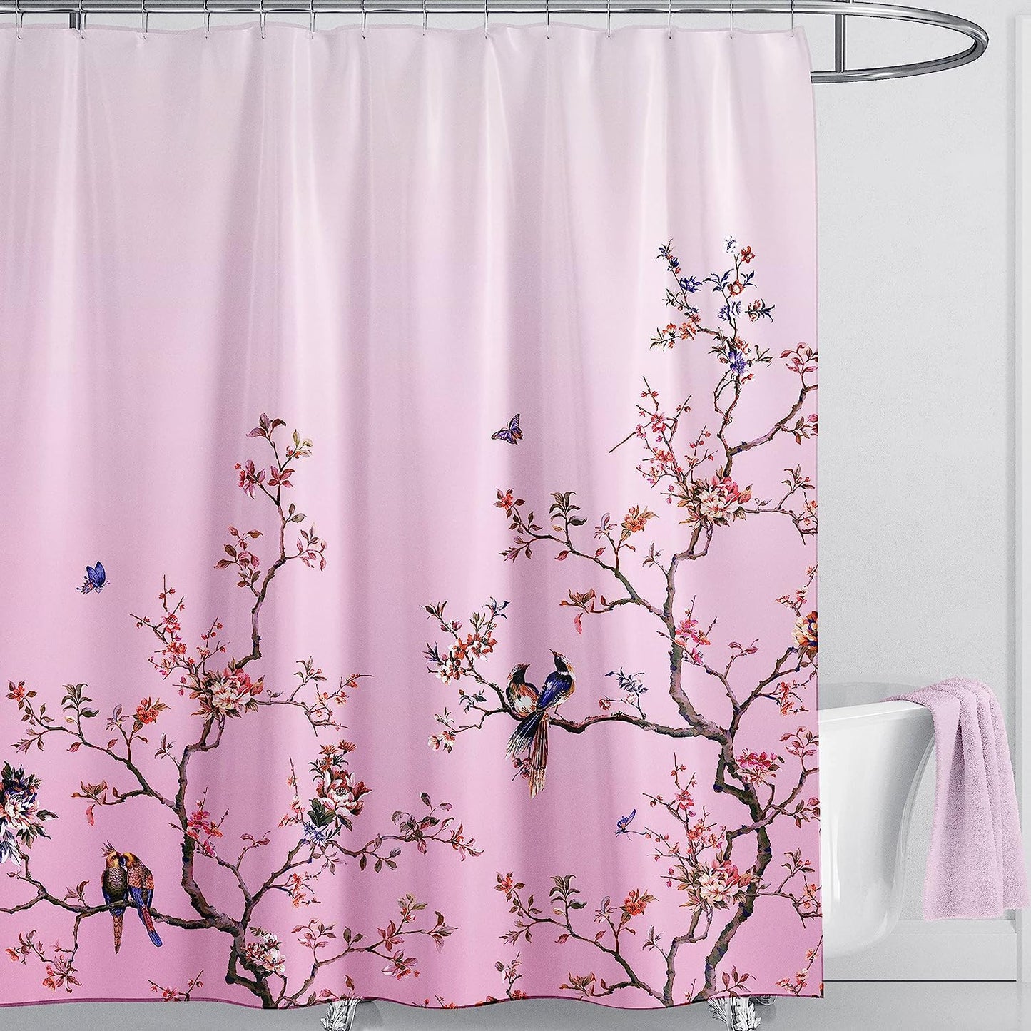 LIVETTY Pink Bird Floral Shower Curtain 180cm ? 200cm Mould Proof Butterfly Fabric Bathroom curtain For Women & Men With 12 Hooks Washable