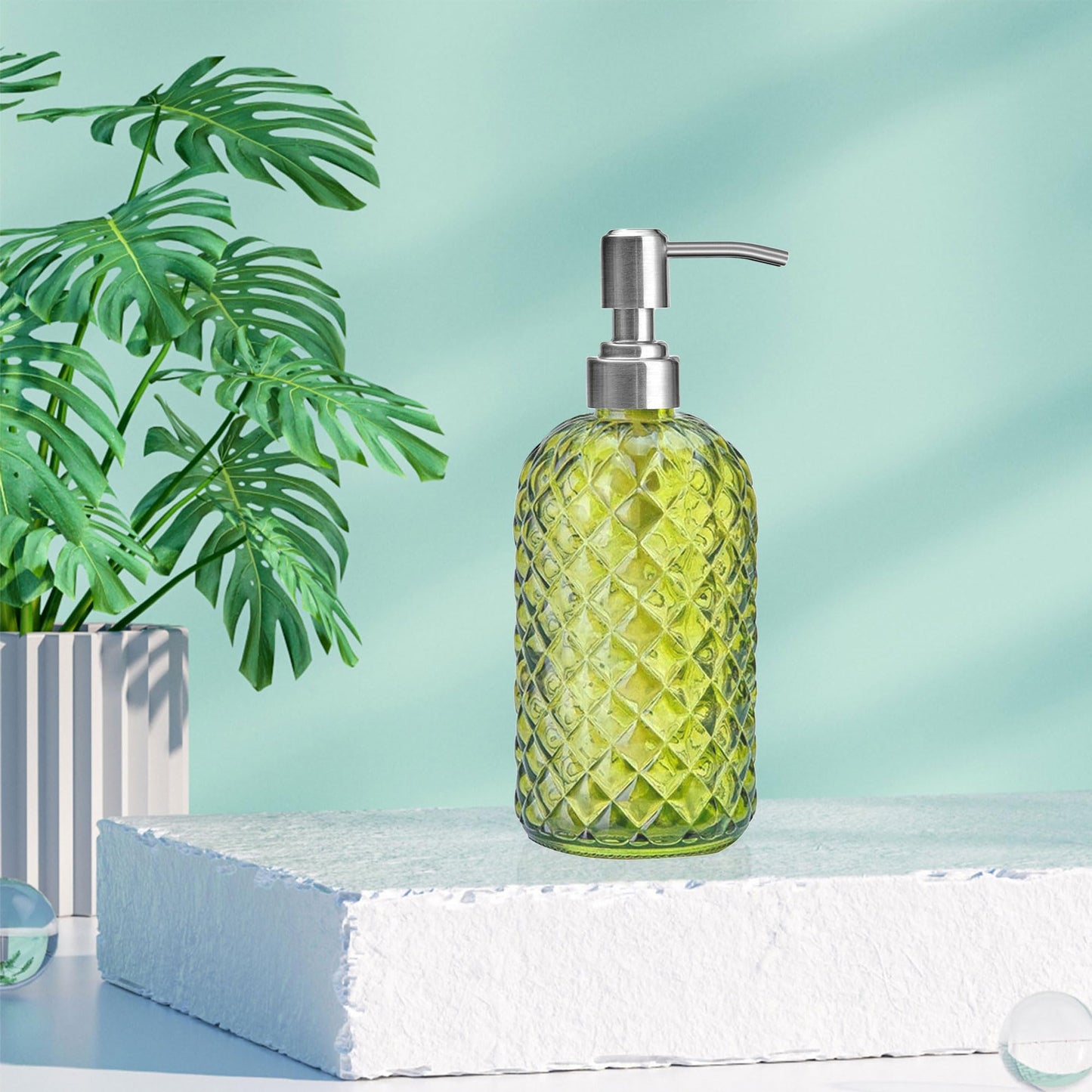 2Pcs Glass Soap Dispenser Green - 350ml/ 16 Oz Hand Soap Dispenser with Rustproof Stainless Steel Pump Liquid Hand Jar Refillable Glass Bottle for