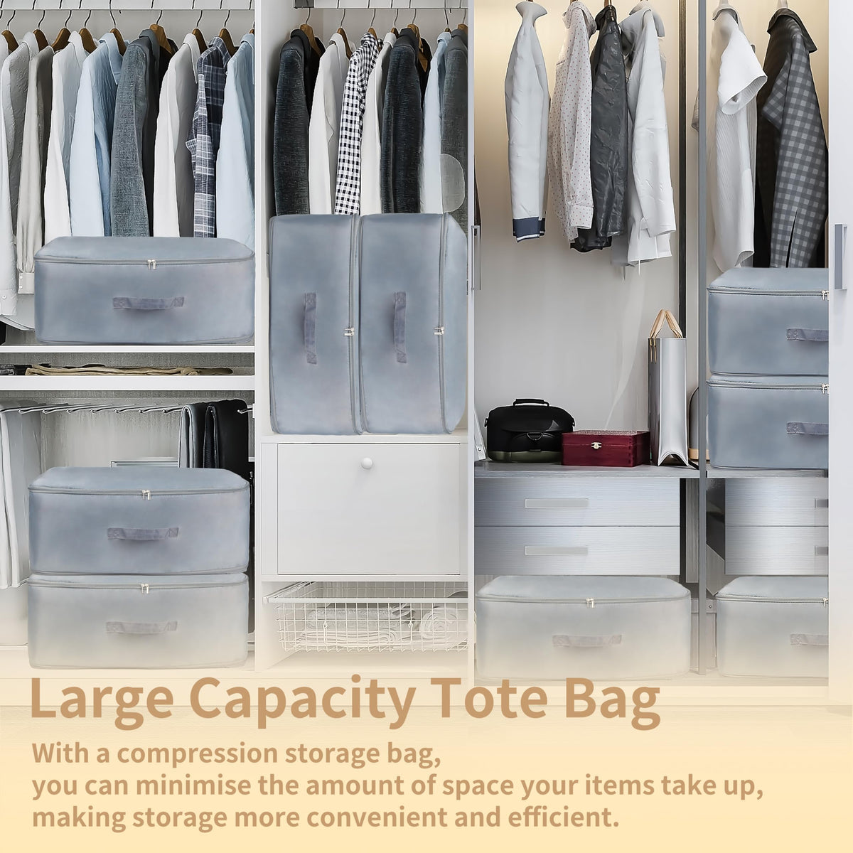 Self-Compressing Storage Bag, Large Movable Duvet Organiser, Grey