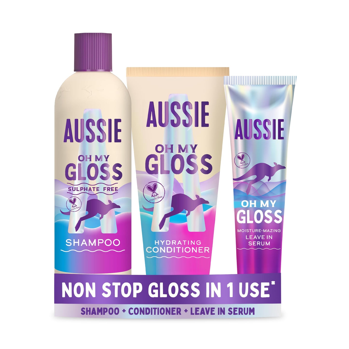 Aussie Oh My Gloss Shampoo & Conditioner Set + Leave In Serum Hair Treatment (300/200/160ml). Moisture & Shine Booster for Dull Hair. With Jojoba,