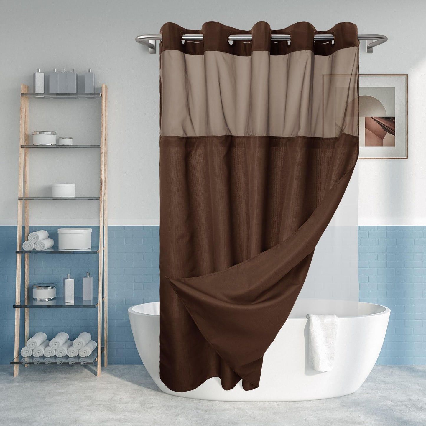 No Hook Slub Textured Shower Curtain with Snap-in PEVA Liner Set - 71" x 74"(72"), Hotel Style with See Through Top Window, Machine Washable & Water