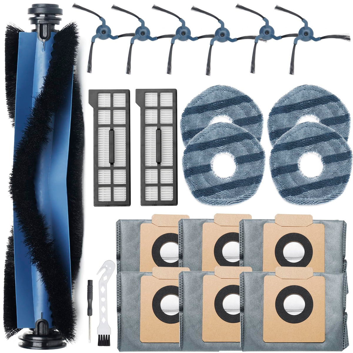 21Pcs X10 Pro Omni Replacement Parts Kit for Eufy X10 Pro Omni Robot Vacuum Accessories, 1 Main Roller Brush, 6 Dust Bags 6 Side Brushes 2 Hepa