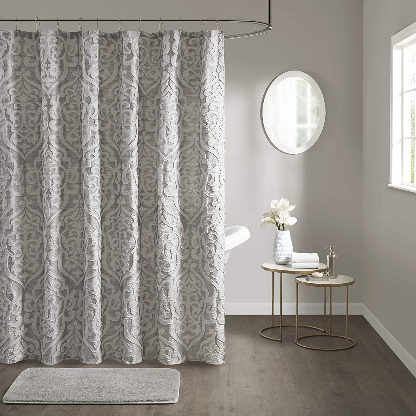 Madison Park Odette Fabric Shower Curtain Luxe Textured Jacquard, Damask Medallion Machine Washable Modern Home Bathroom Decor, Bathtub Privacy