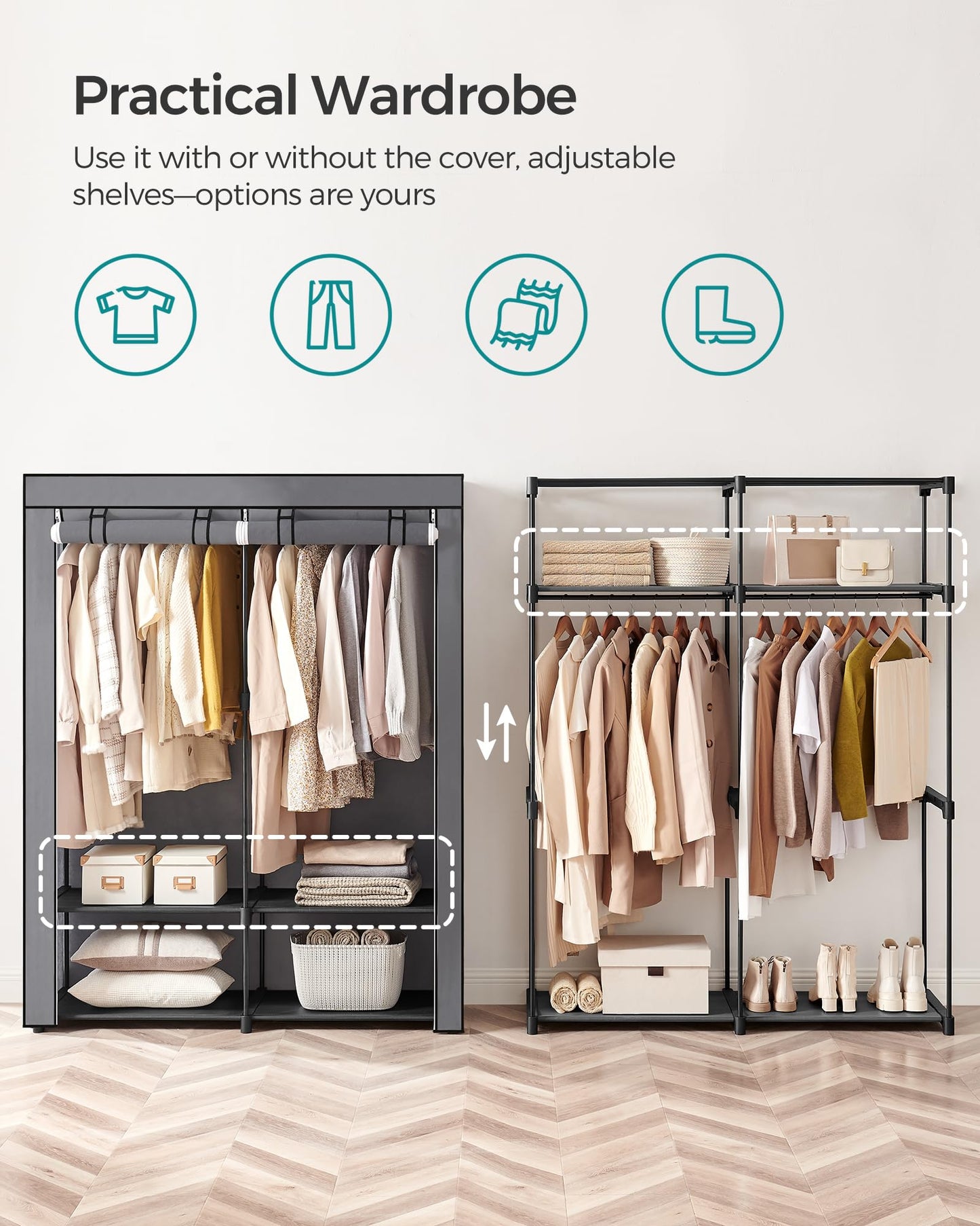 Songmics RYG02GY Wardrobe with 2 Clothes Rails, Clothes Storage, Fabric Wardrobe, Clothes Rack, Folding, for Dressing Room, Bedroom 43 x 140 x 174 cm,