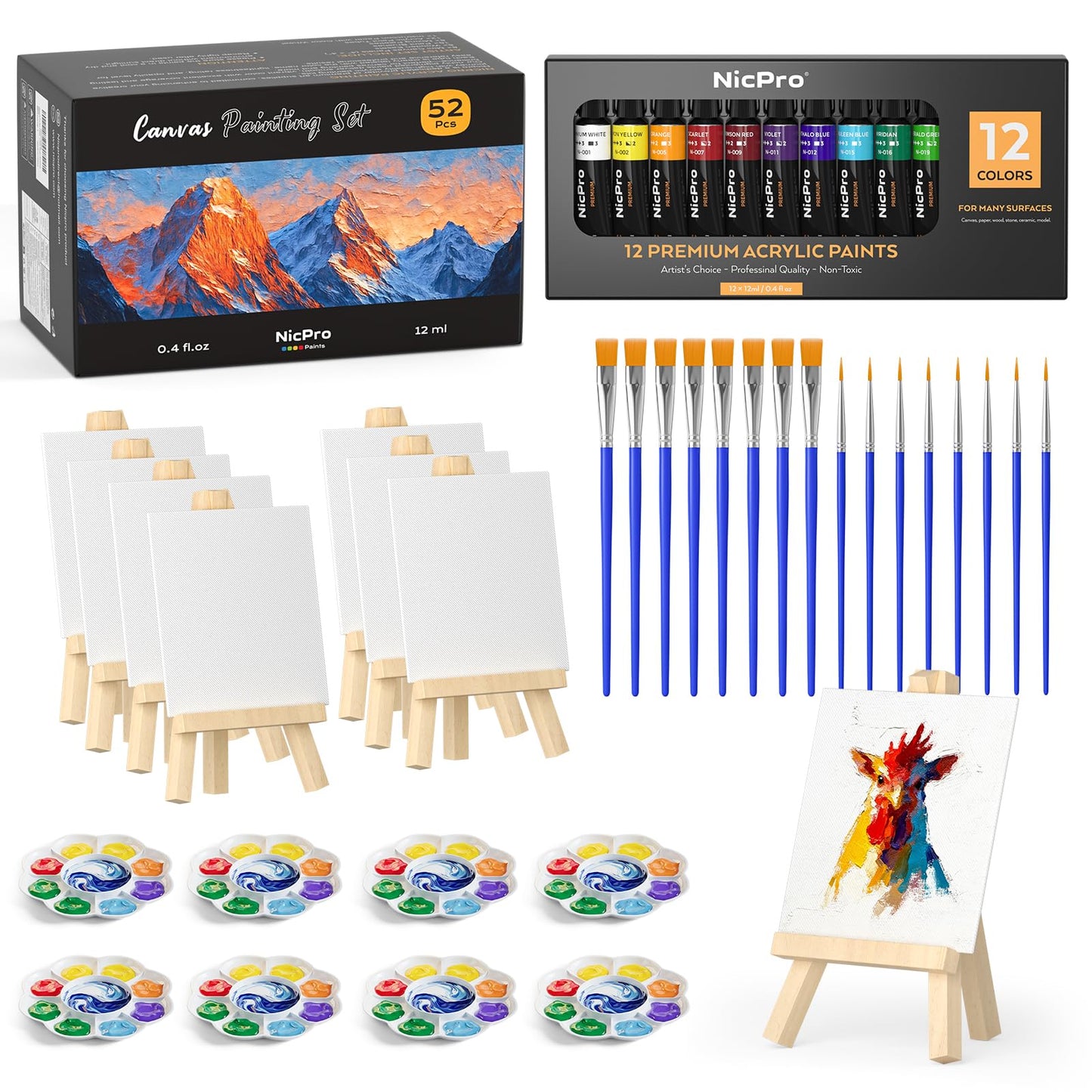 Nicpro 52 PCS Mini Canvas and Easel Set, Small Painting Set with 4x4? Canvas Panels, Wooden Easels, Paint Brushes and Mixing Palettes, Acrylic Paint