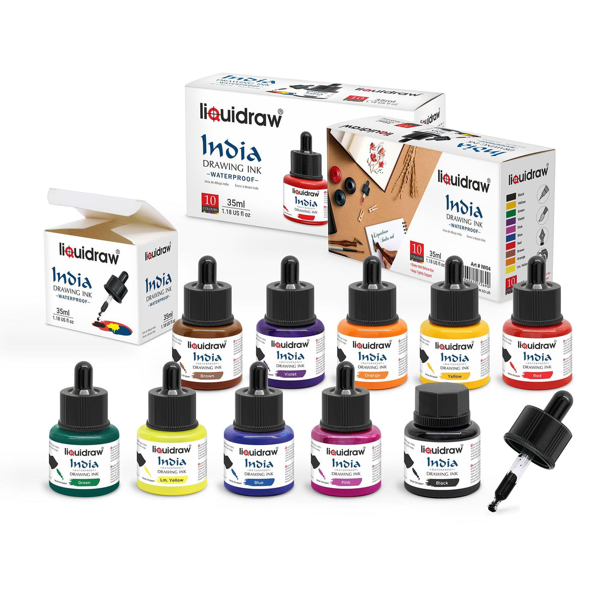 Liquidraw Waterproof Coloured Drawing Ink with Dropper | 10 x 35 ml Bottles | Set of Assorted Colours | India Ink for Calligraphy, Pens, Brushes & Dip