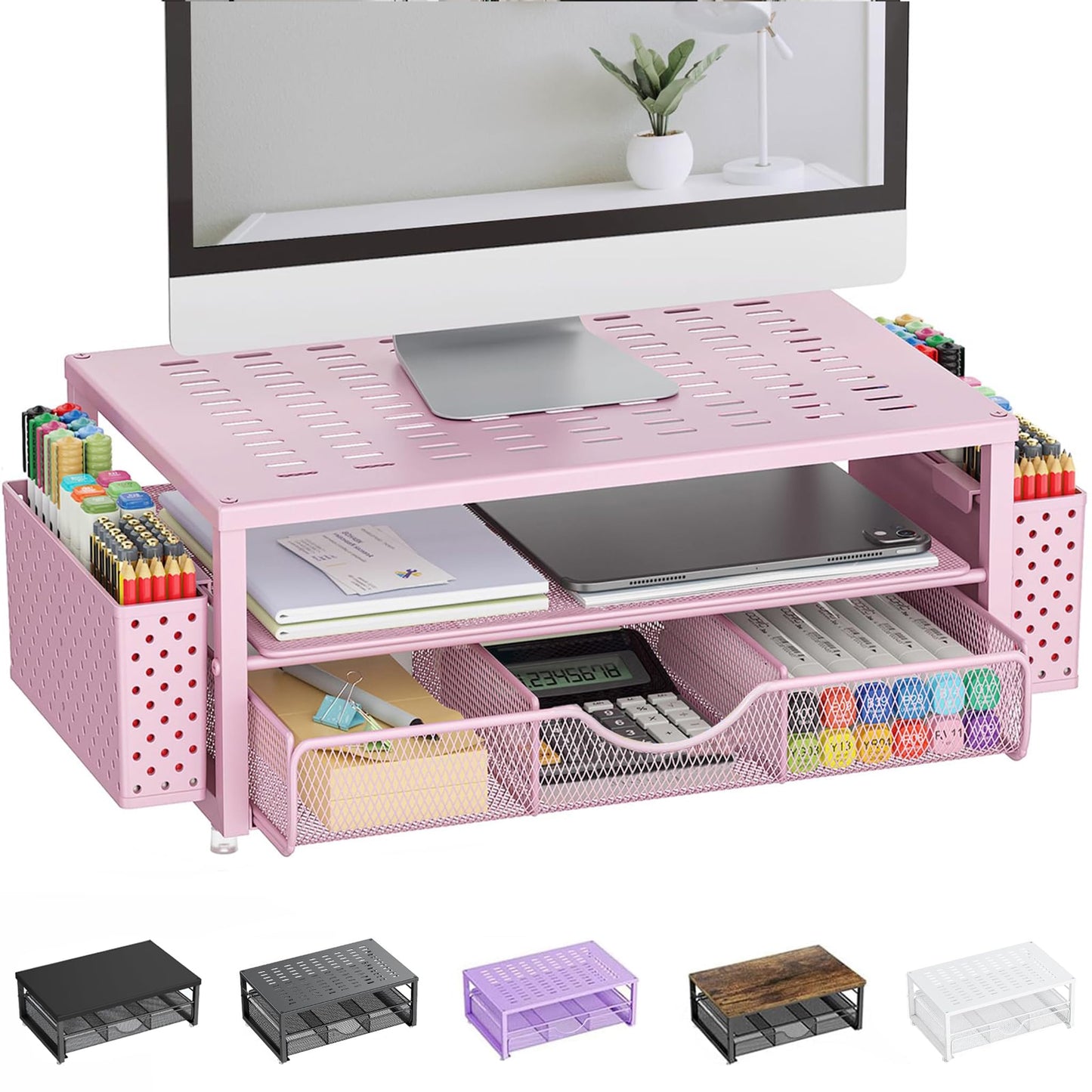 Pygocereri Monitor Stand Riser, Desk Accessories and Organizer with Drawer and 2 Pen Holder, Desk Monitor Riser for Screen, Ergonomic Desktop Stand