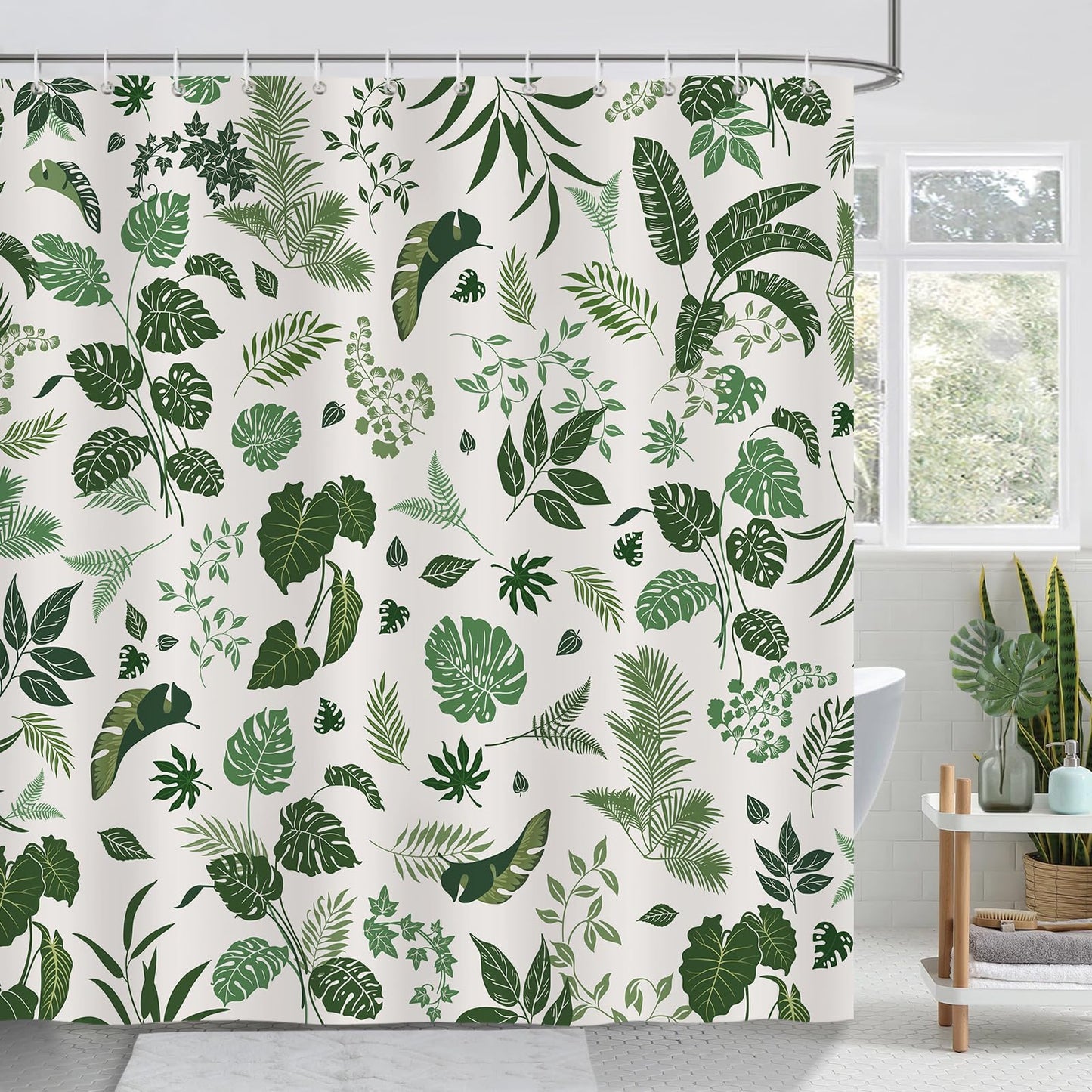 Bonhause Green Leaf Shower Curtain, Tropical Jungle Leaves Plant Modern Bathroom Curtain 180 x 180 cm Waterproof Mildew and Mould Resistant Polyester