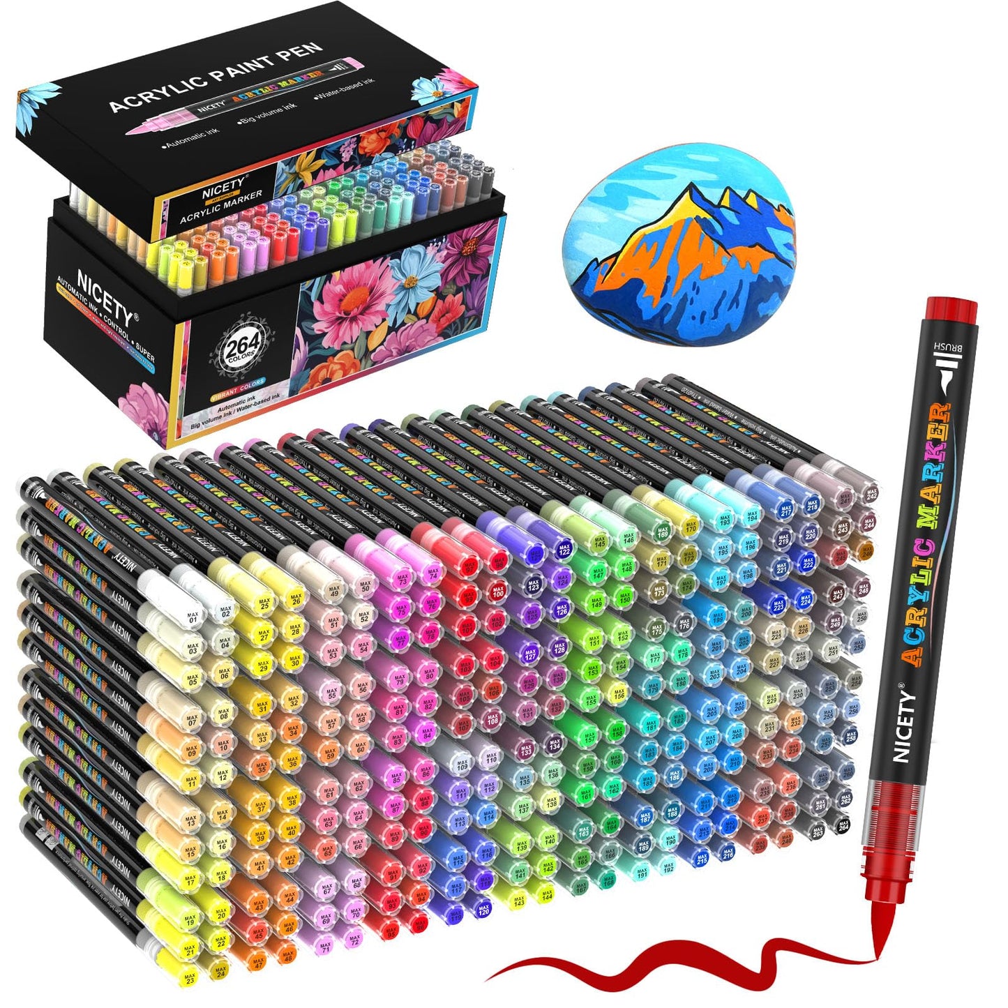NICETY 264 Colours Acrylic Paint Pens - Brush Paint Markers for Rock Painting Stone Wood - Brush Tip Water Based Acrylic Markers