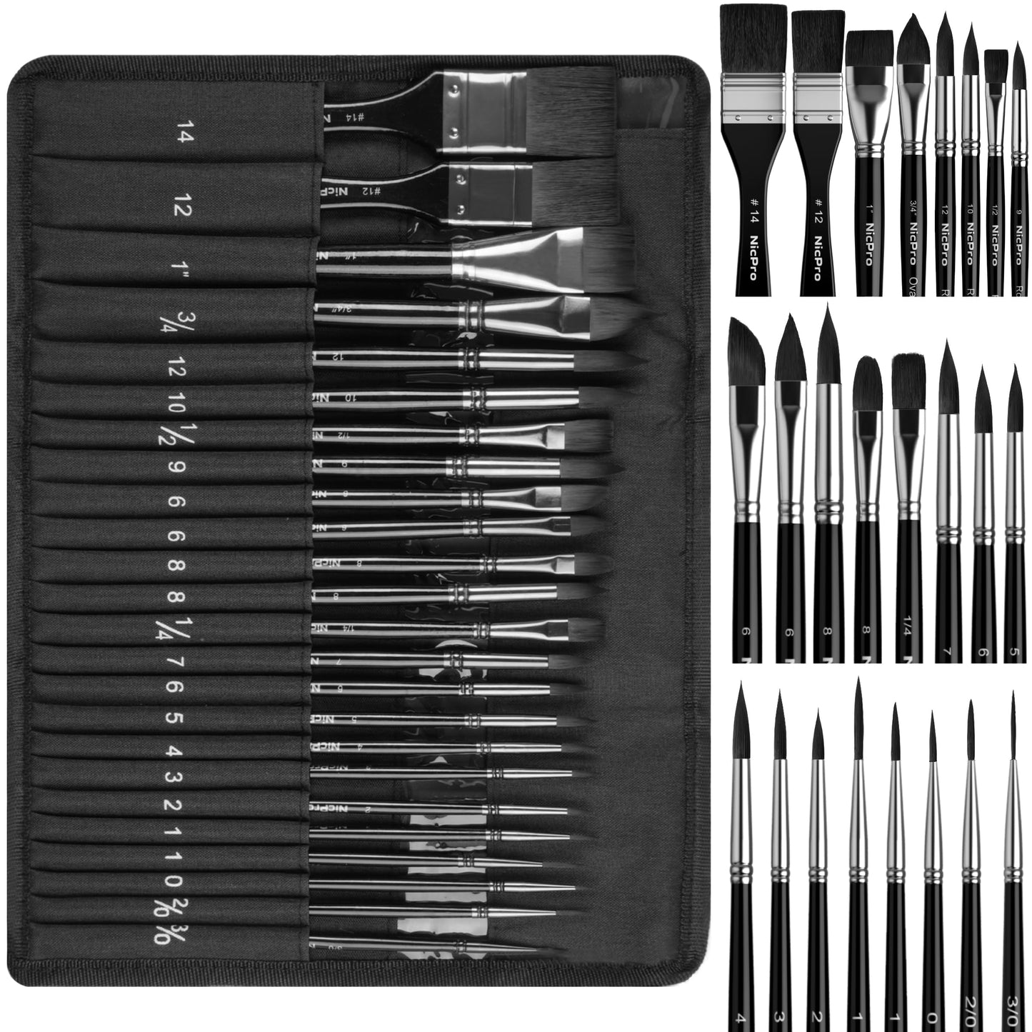 Nicpro 24pcs Watercolour Brushes Professional, Synthetic Squirrel Hair Water Colour Paint Brush Set with Cloth Roll - Round, Liner, Flat, Filbert,