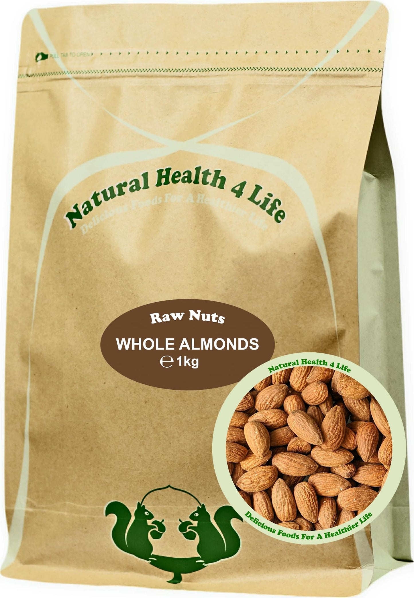 Natural Health 4 Life Raw Whole Almond 1kg ? High Protein and Fibre Snack, Baking Ingredient, Vegan & Gluten-Free, for Snacking, Baking, and Everyday