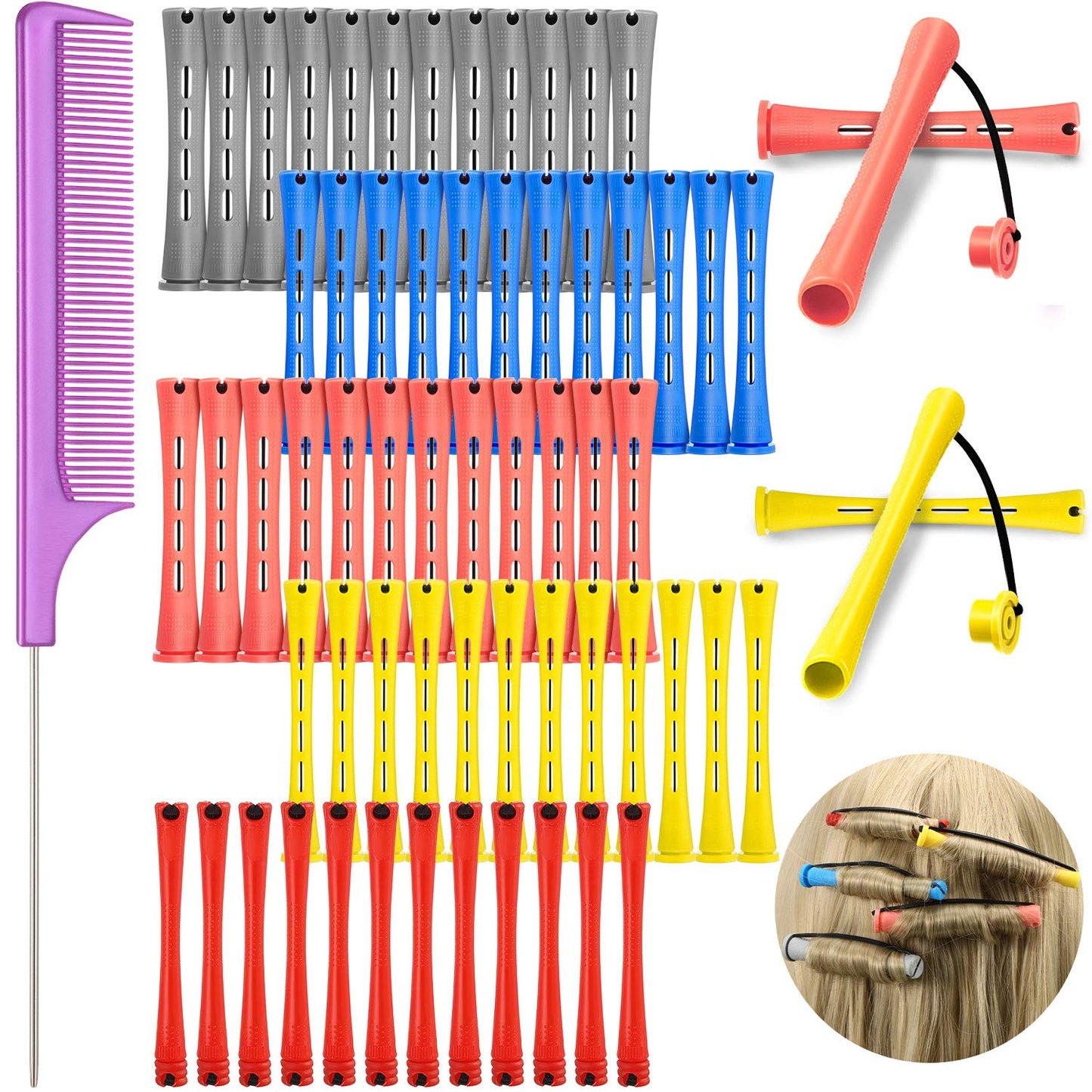 60 Plastic Perming Rods Set - Cold Wave Rods with 5 Sizes, Hair Curling Rollers, Rat Tail Comb & Stainless Steel Pintail Comb for Women & Girls